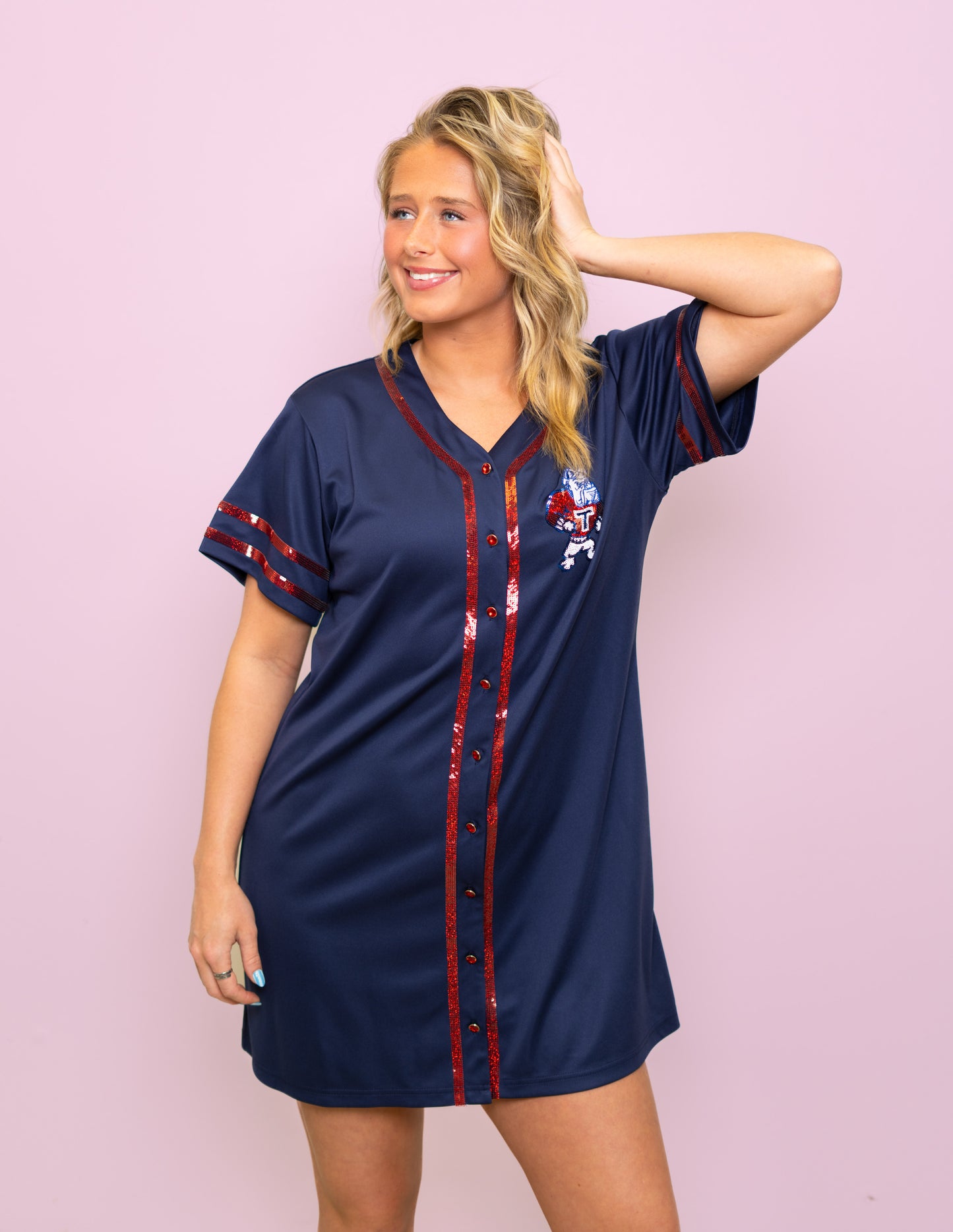 LA Tech Baseball (Licensed) | Women's Sequin Embroidery Baseball Jersey Dress (Navy)