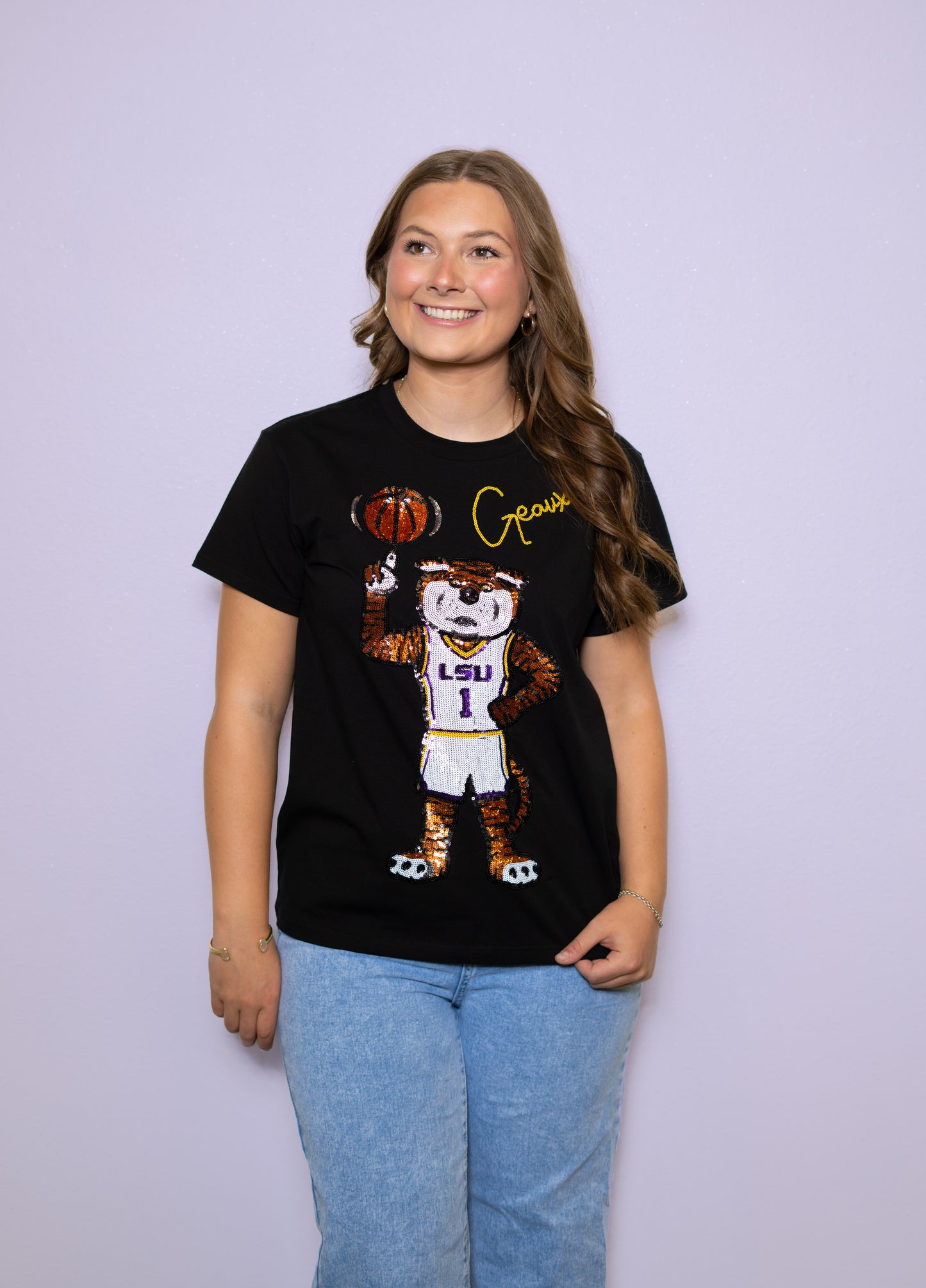 **PRE-ORDER ONLY** LSU Geaux Mike Basketball (LICENSED)| Women's Sequin Design Tee (Black)
