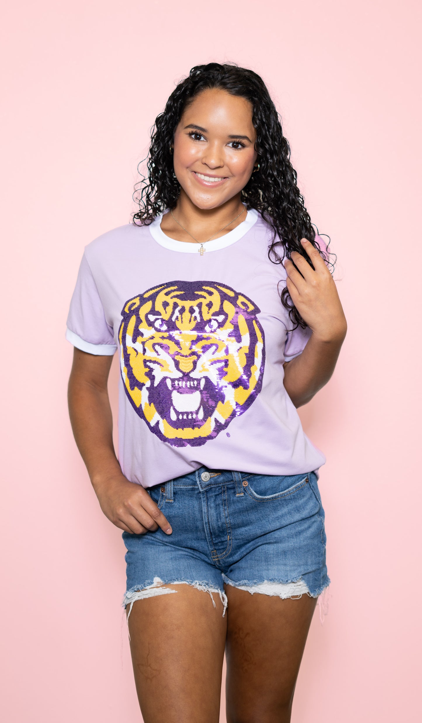 **PRE-ORDER ONLY** Louisiana State University Tiger (LICENSED) | Women's Sequin Design Tee (Lavender)