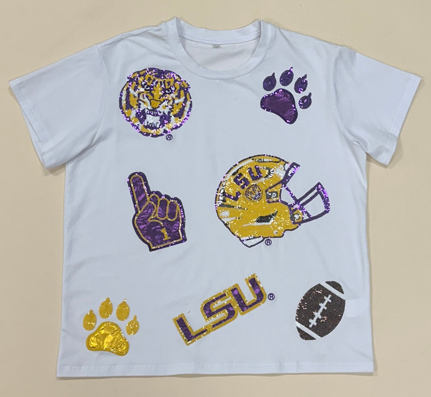 LSU Scattered Logo Tee (Licensed) | Women's Sequin Design Tee (White)