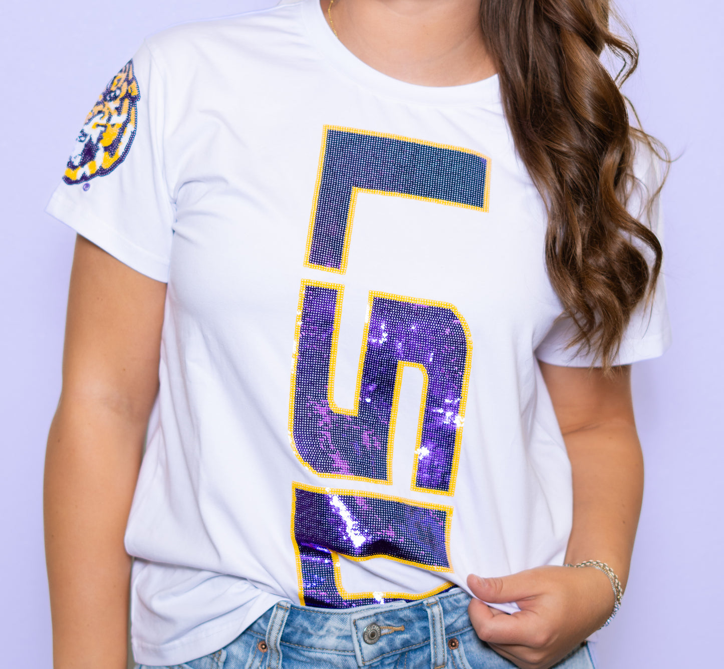 **PRE-ORDER ONLY** LSU Vertical Logo + Tiger Sleeve (LICENSED) | Women's Sequin Design Tee (White)