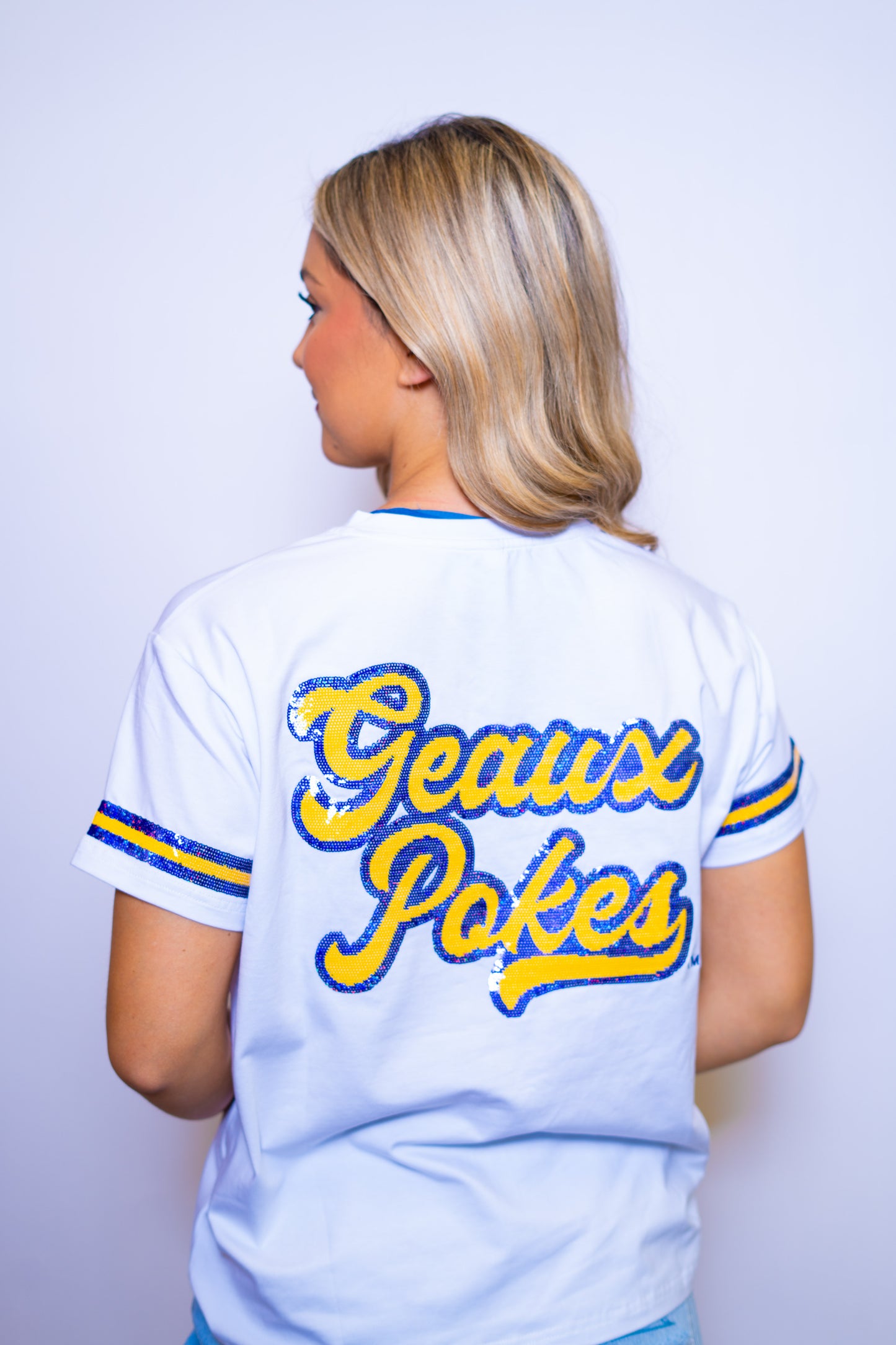 McNeese Geaux Pokes (Licensed) | Women's Sequin Design Baseball Jersey Tee (White)