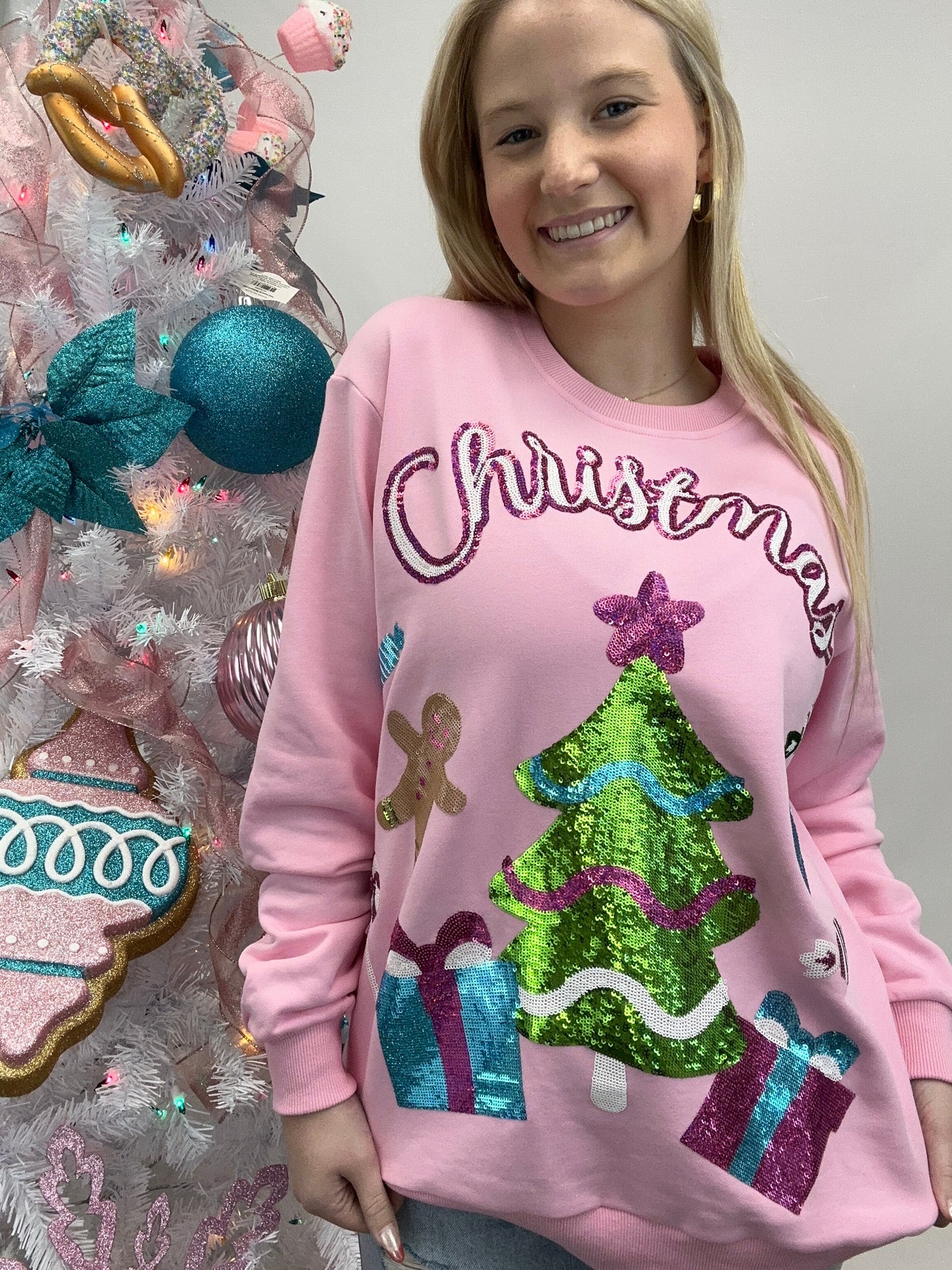 Pink Christmas | Women's Sequin Design Sweatshirt (Pink)
