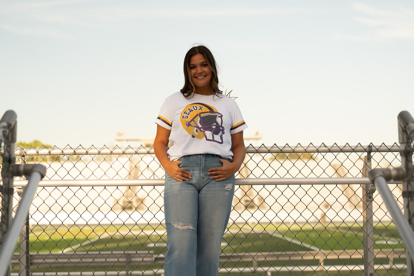 Geaux Helmet | Women's Sequin Design Tee (White)
