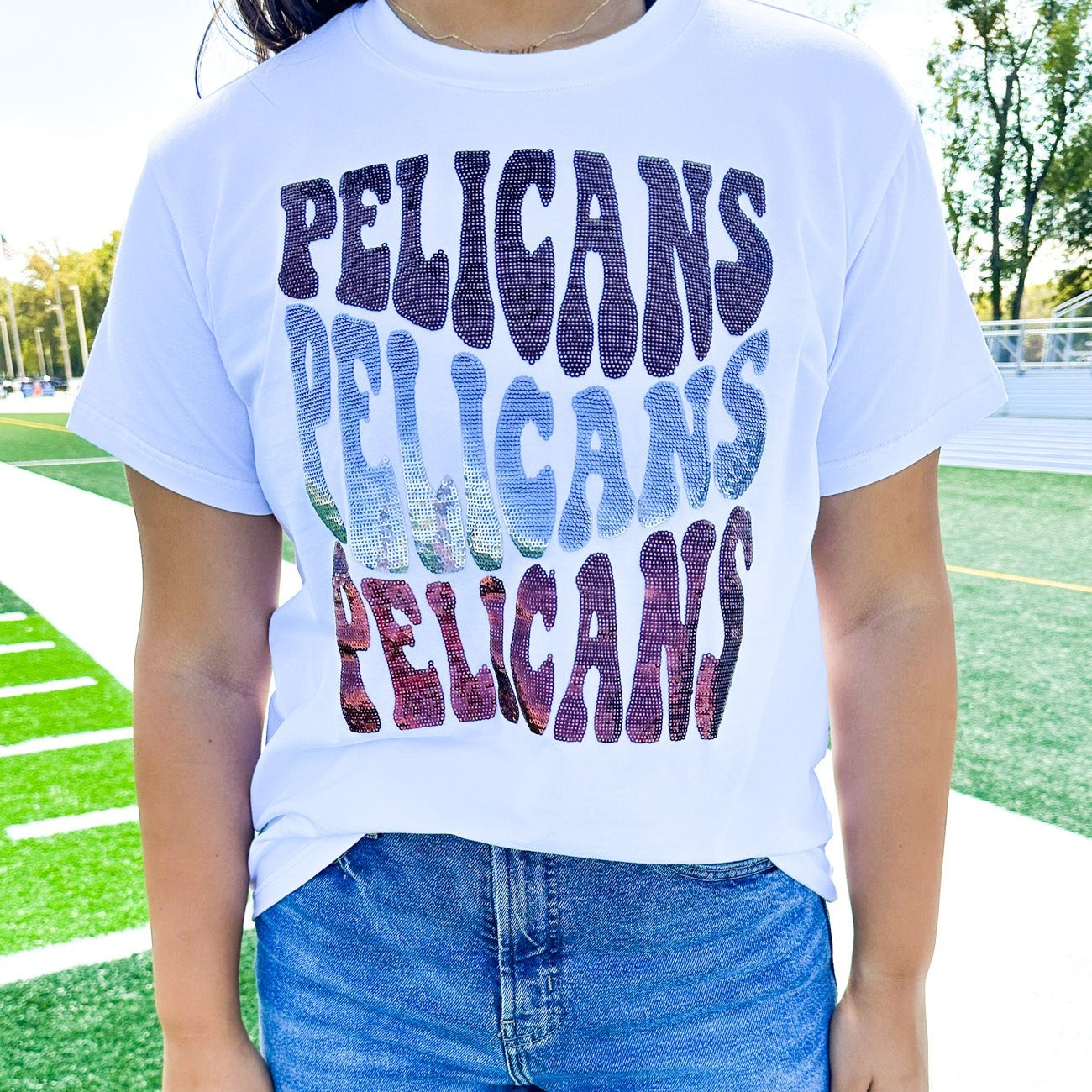 Groovy Pelicans | Women's Sequin Design Tee (White)