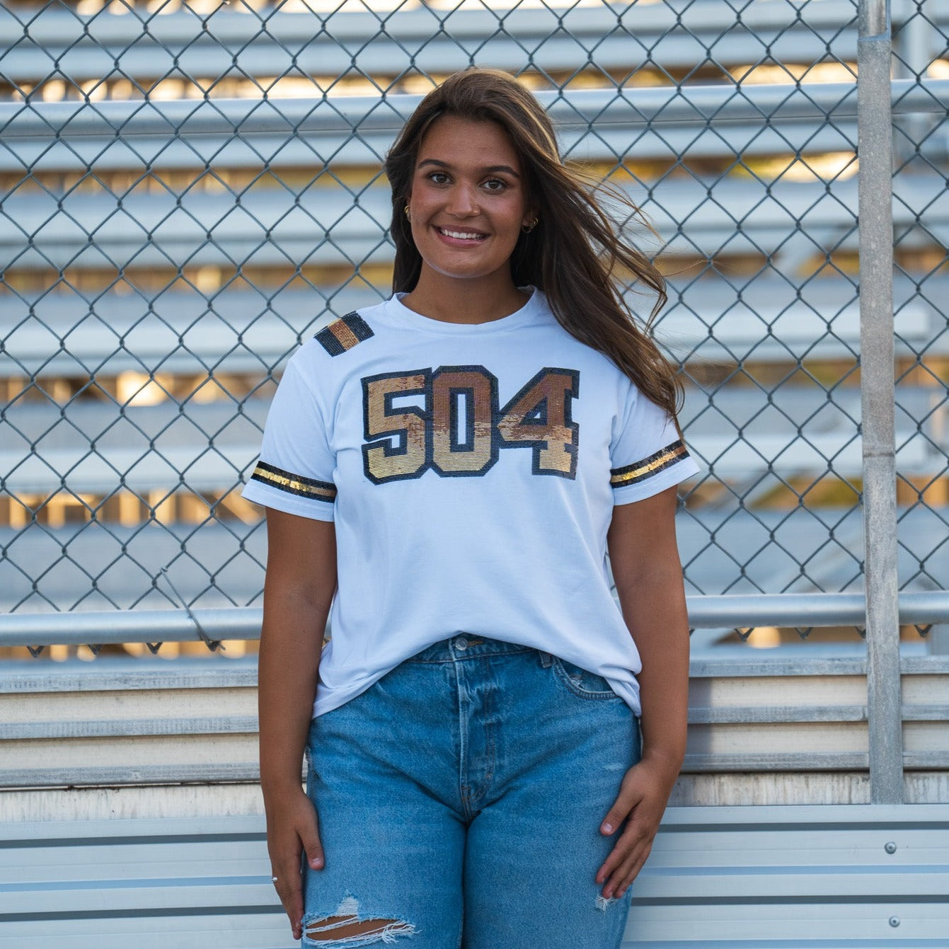 GEAUX 504 Women's Sequin Jersey Tee (White)