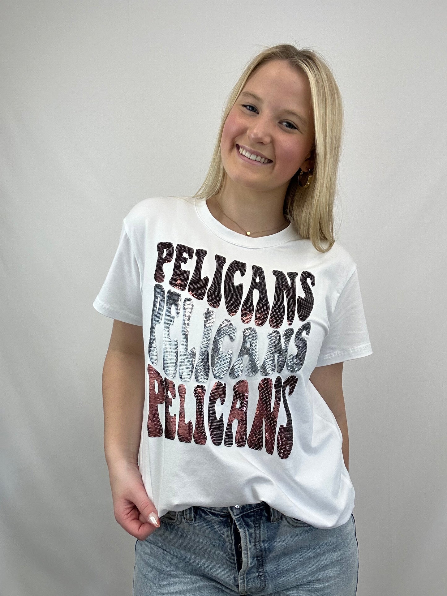 Groovy Pelicans | Women's Sequin Design Tee (White)