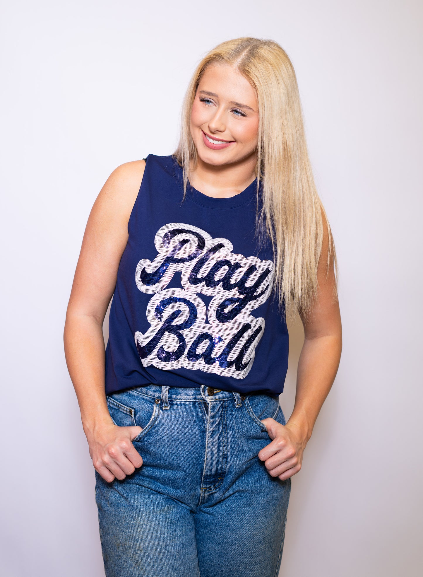 Play Ball with Bows and Bats | Women's Sequin Design Tank (Navy)