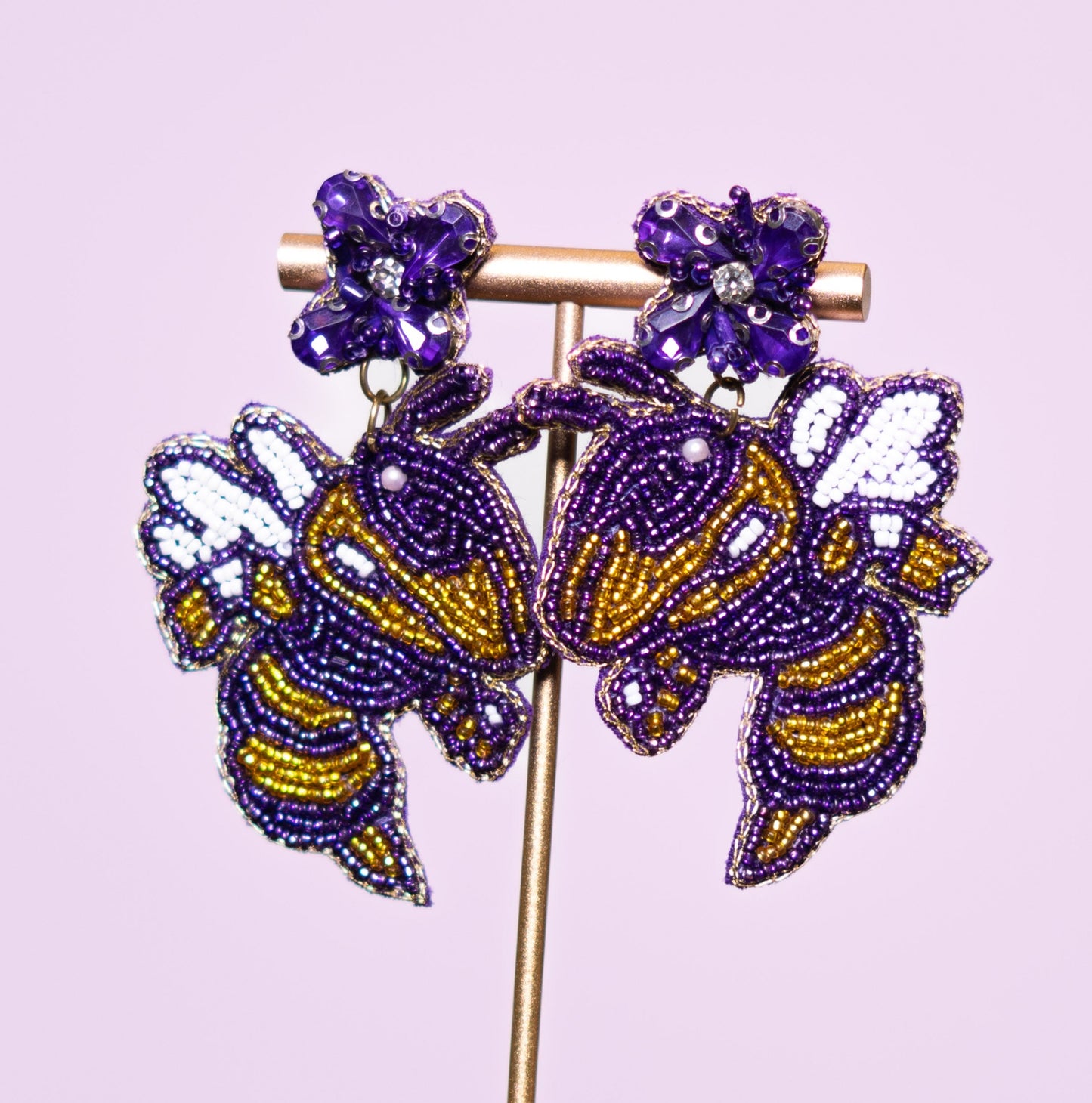 Yellow Jackets | Custom Beaded & Jeweled Earrings (Purple/Gold)