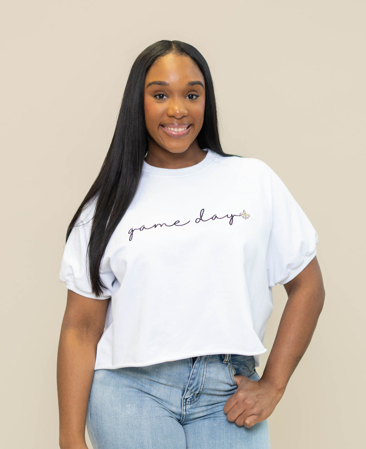 New Orleans Saints (Licensed) | Game Day Fleur De Lis | Women's Embroidered Top (White)