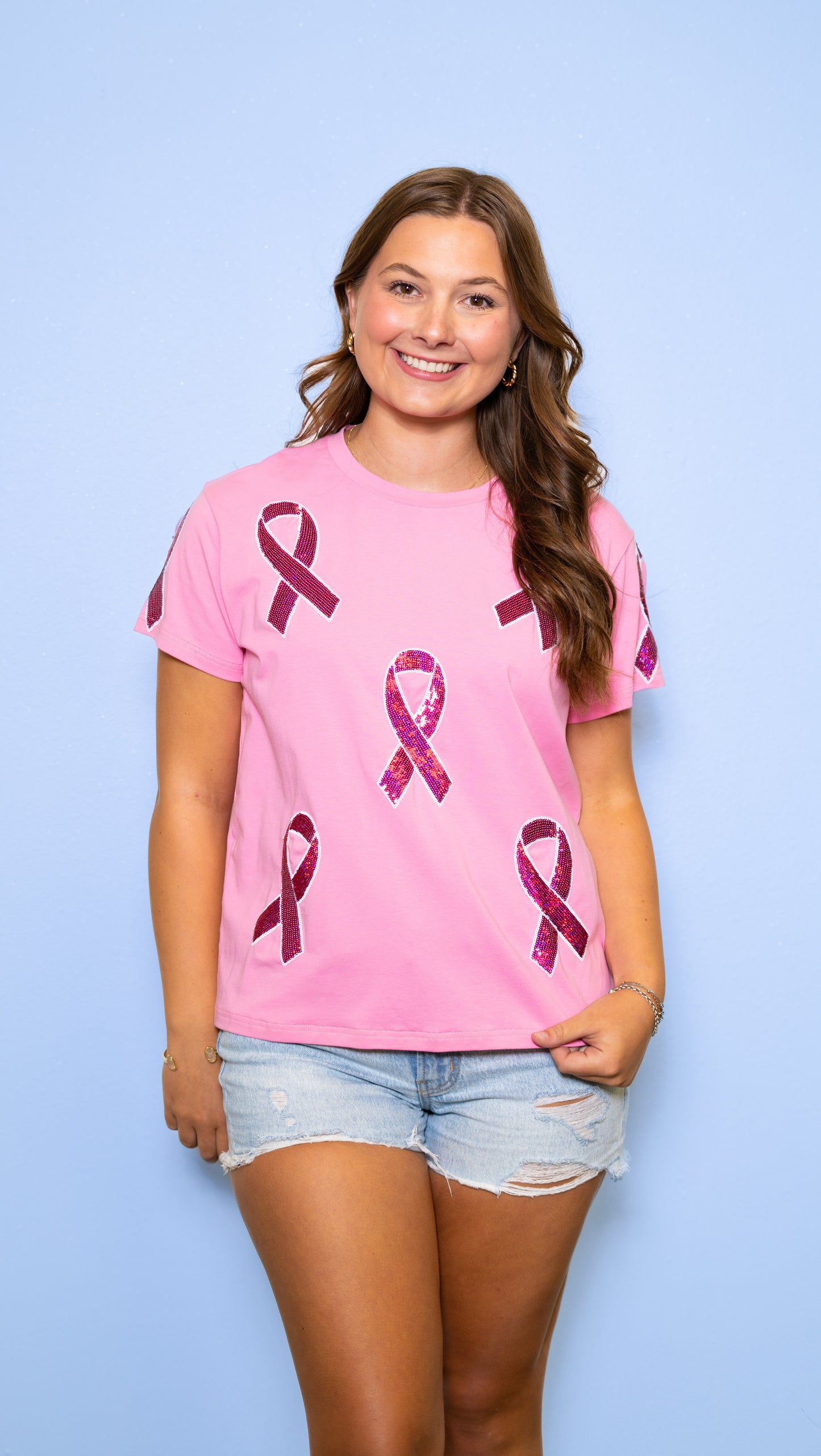 Breast Cancer Awareness Tee | Women's Sequin Design Tee (Pink)