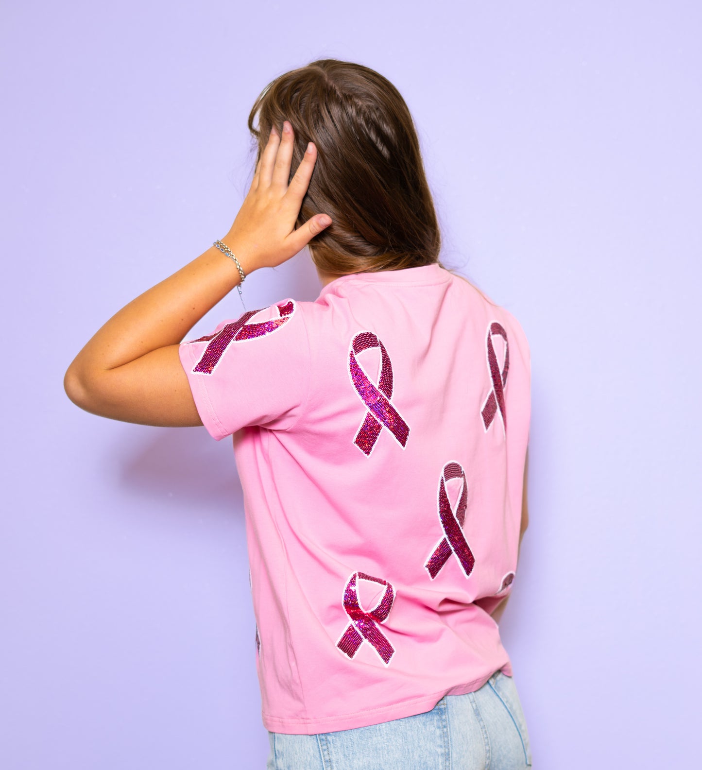 Breast Cancer Awareness Tee | Women's Sequin Design Tee (Pink)
