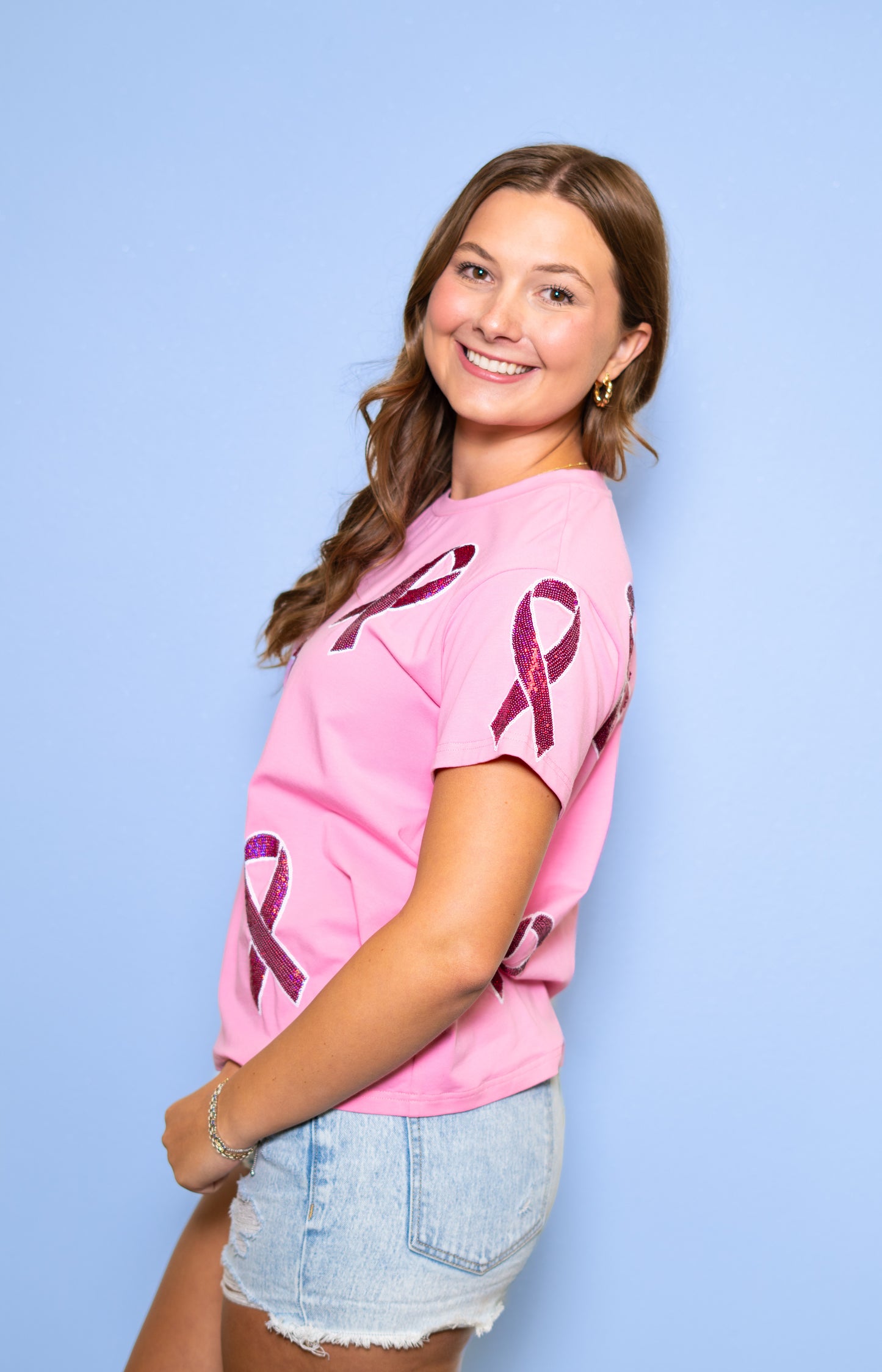 Breast Cancer Awareness Tee | Women's Sequin Design Tee (Pink)
