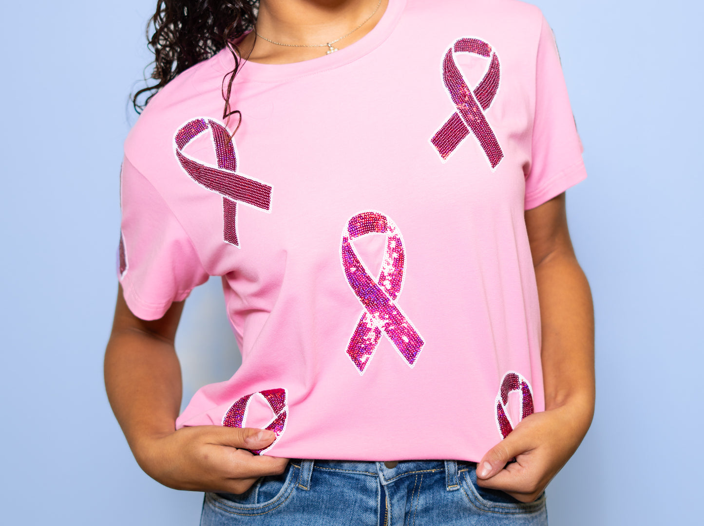 Breast Cancer Awareness Tee | Women's Sequin Design Tee (Pink)