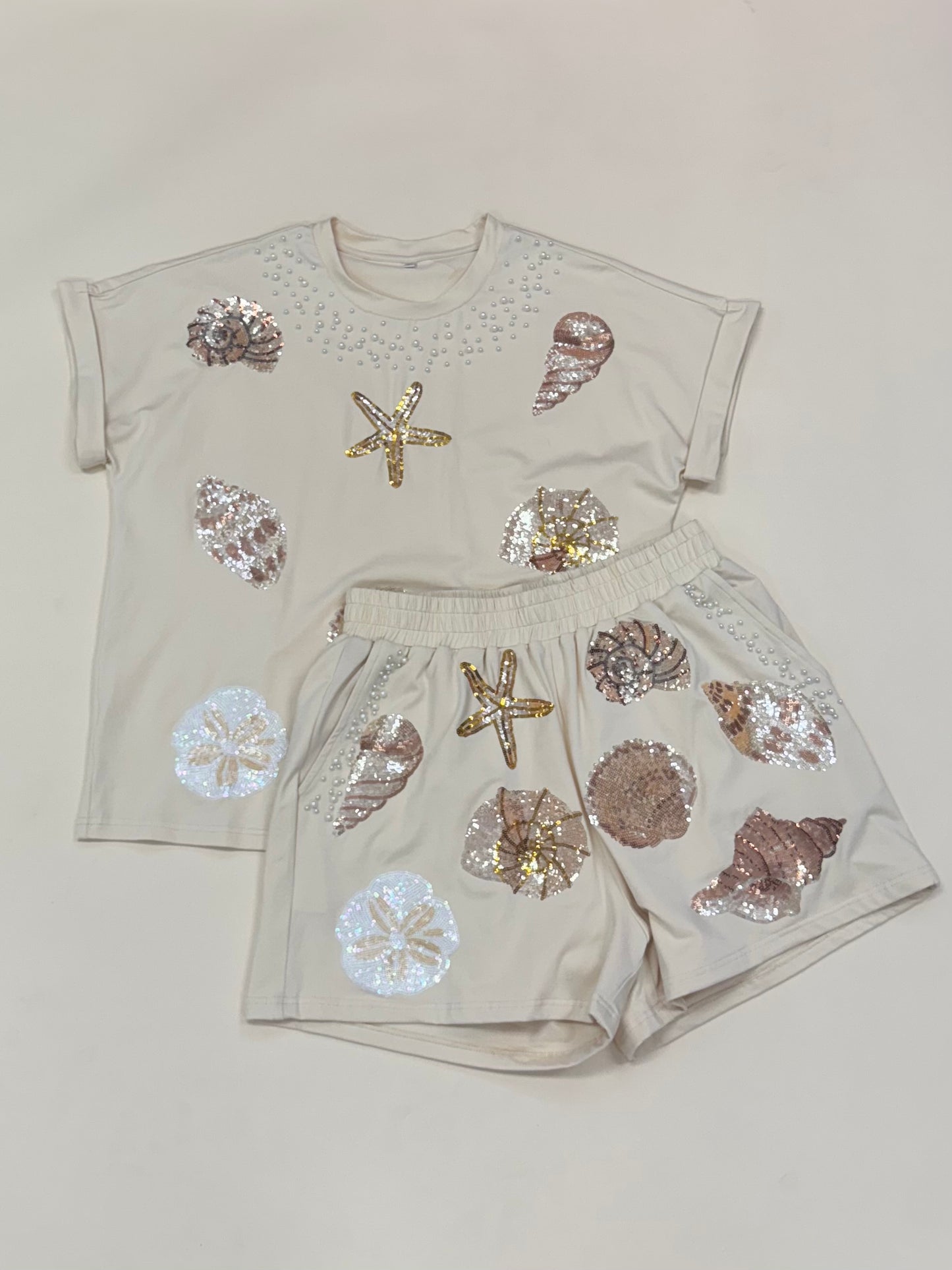 Seashells | Women's Sequin & Pearl 2 Piece Set (Cream)