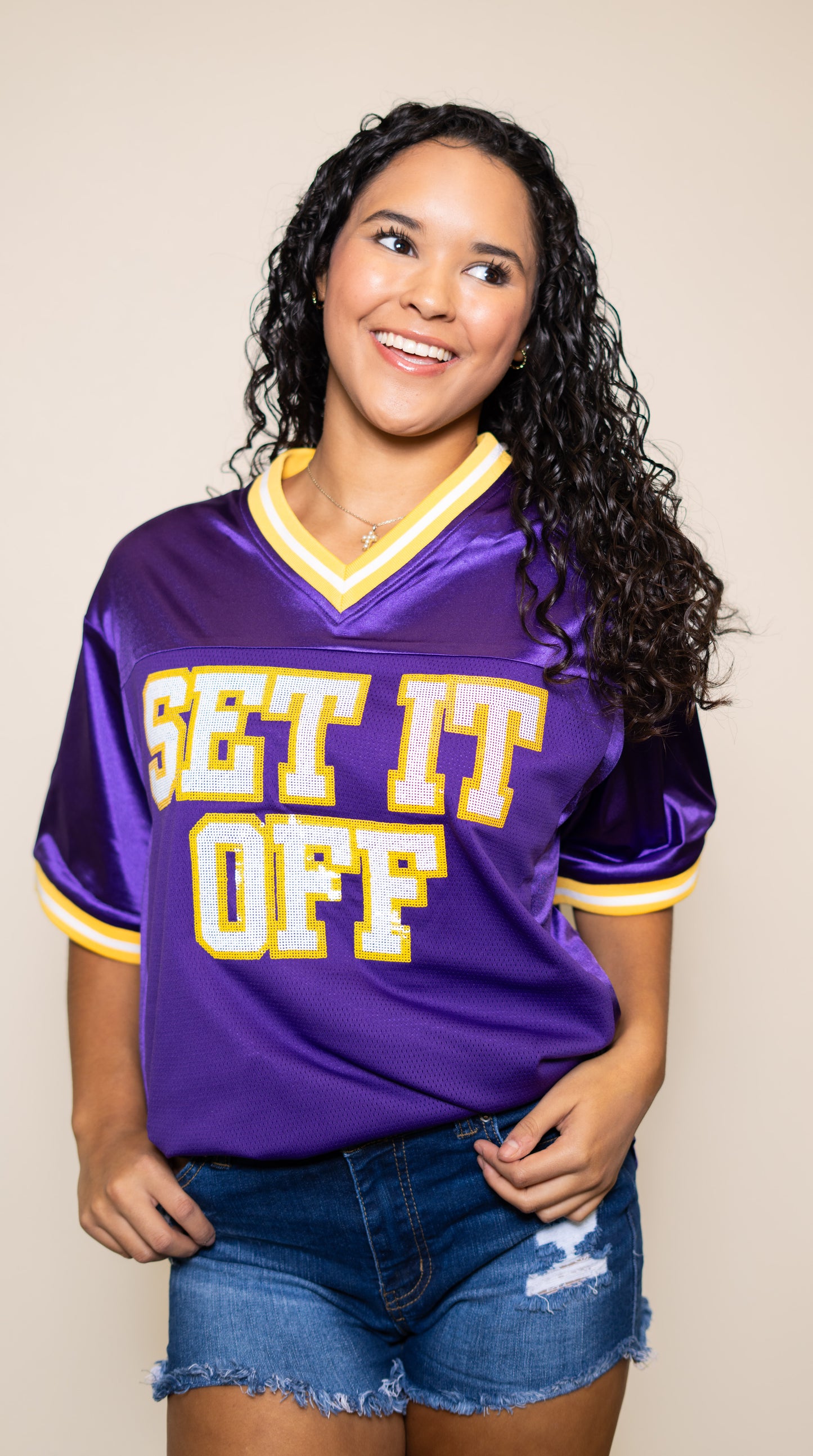 Wholesale | Set It Off | Women's Sequin Design Football Jersey (Purple)