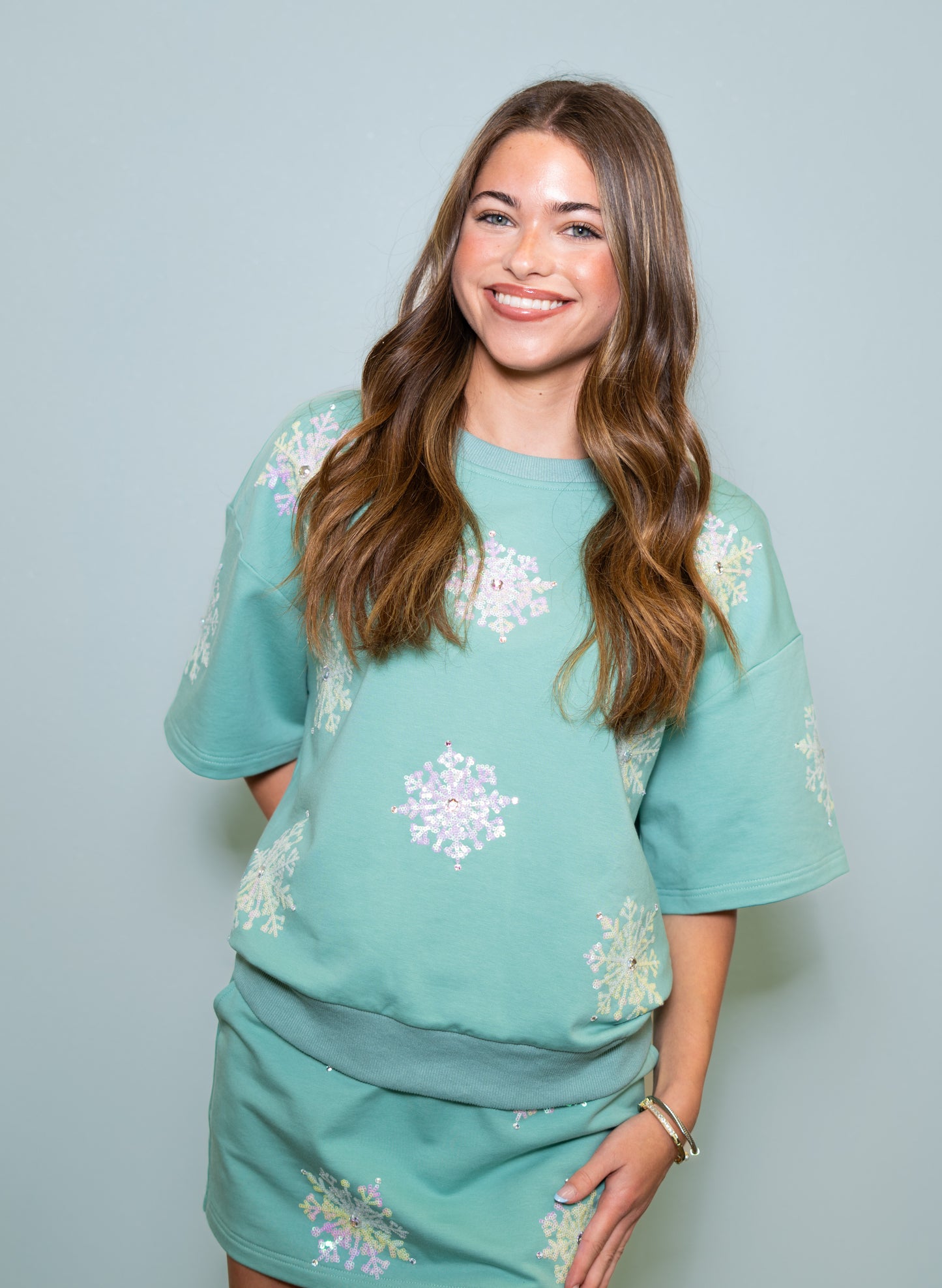 **PRE-ORDER ONLY** Snowflakes | Women's Sequin + Rhinestone 2 Piece Skort Set (Teal)