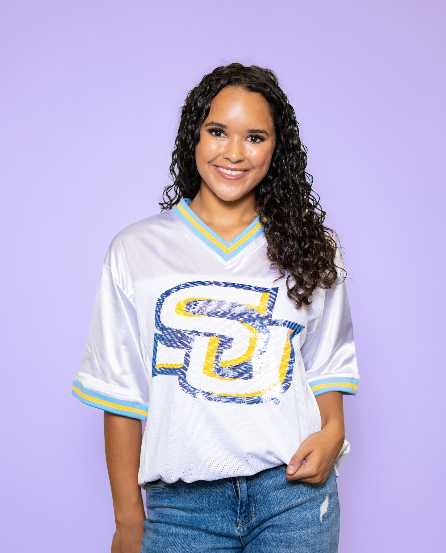 Southern University Jags (LICENSED) | Women's Sequin Design Football Jersey (White)