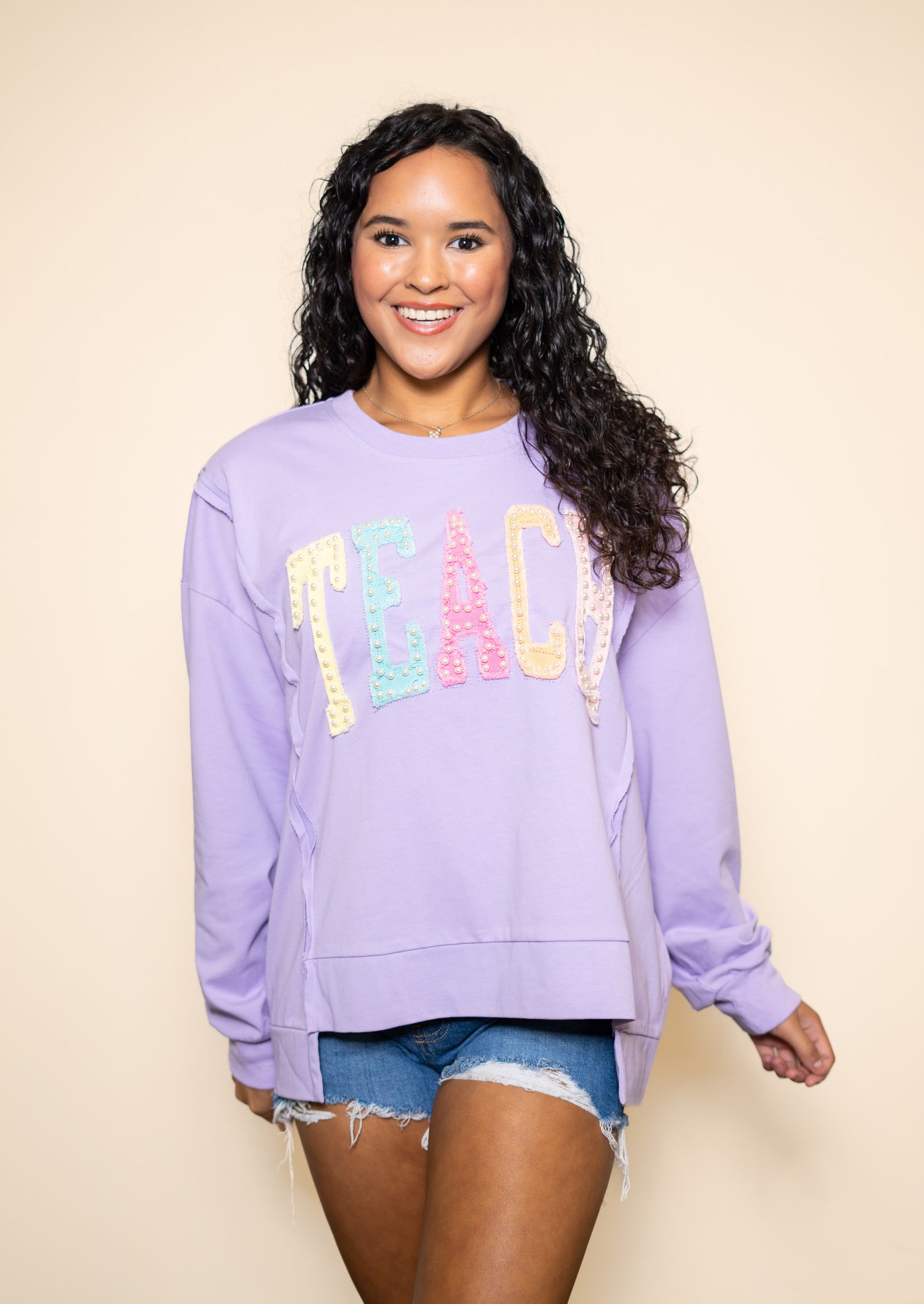 **PRE-ORDER** TEACH | Women's Distressed Embroidery Pullover (Lavender)