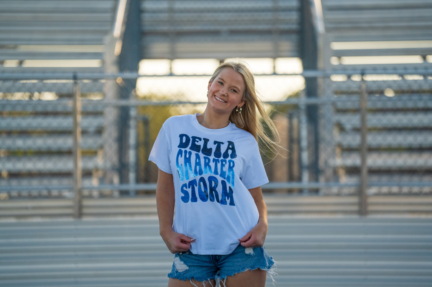 Groovy Delta Charter Storm | Women's Sequin Design Tee (White)