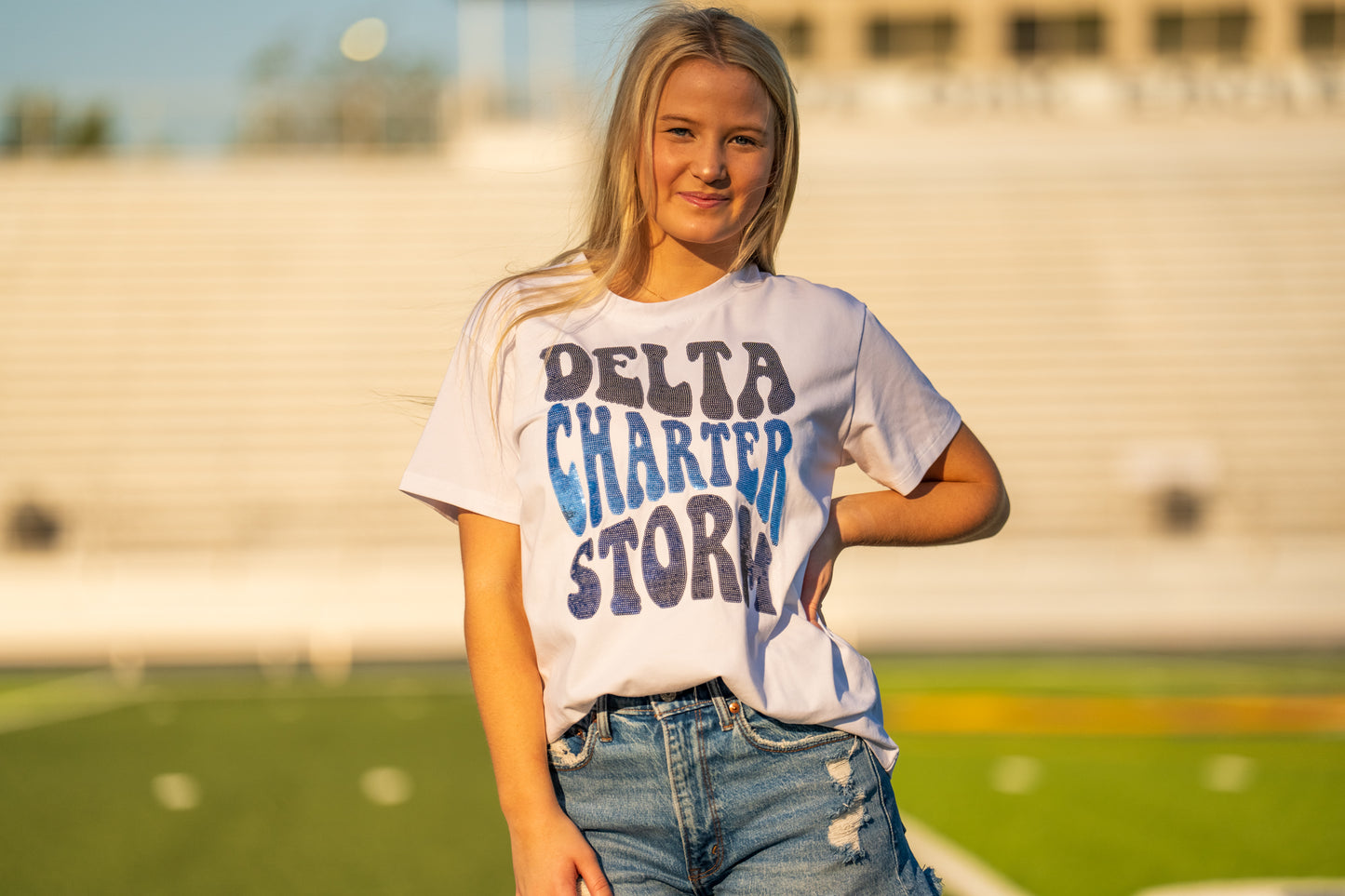 Groovy Delta Charter Storm | Women's Sequin Design Tee (White)
