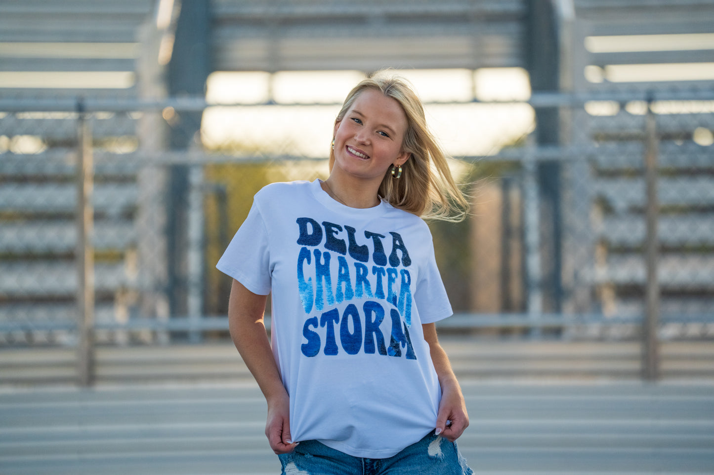 Groovy Delta Charter Storm | Women's Sequin Design Tee (White)