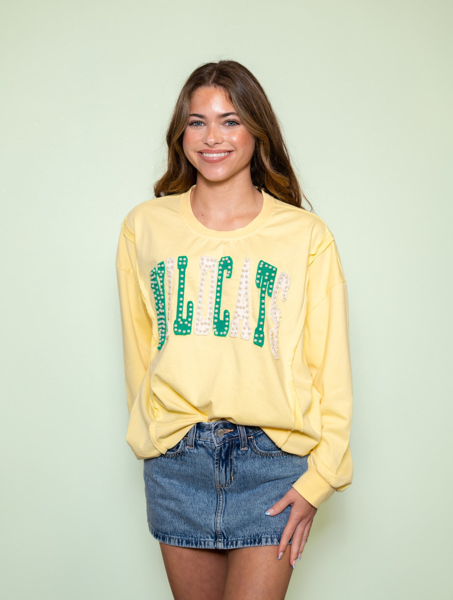Wildcats | Women's Distressed Embroidery Pullover (Butter Yellow)
