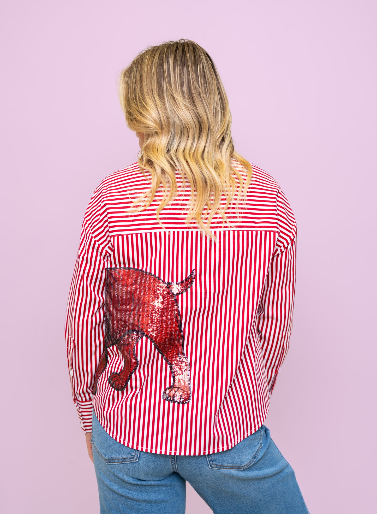 Women's Red Striped Button Down Sequin Bulldog Shirt