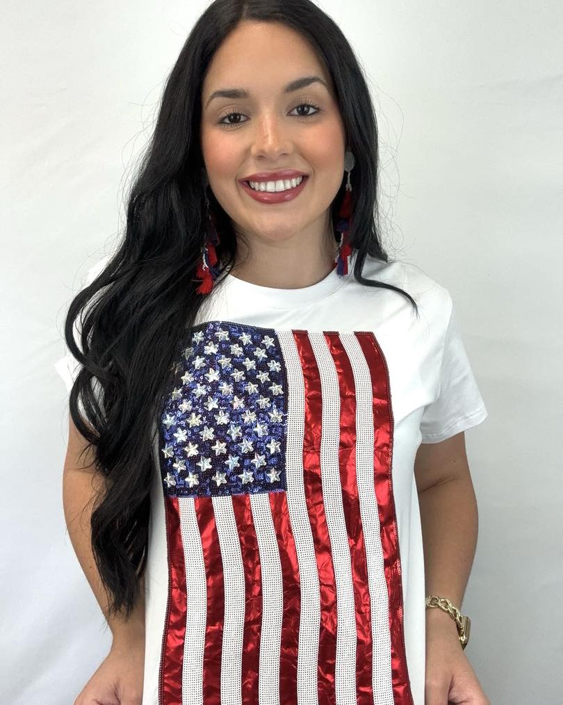 USA American Flag Tee Women's Sequin Metallic Embroidery Tee