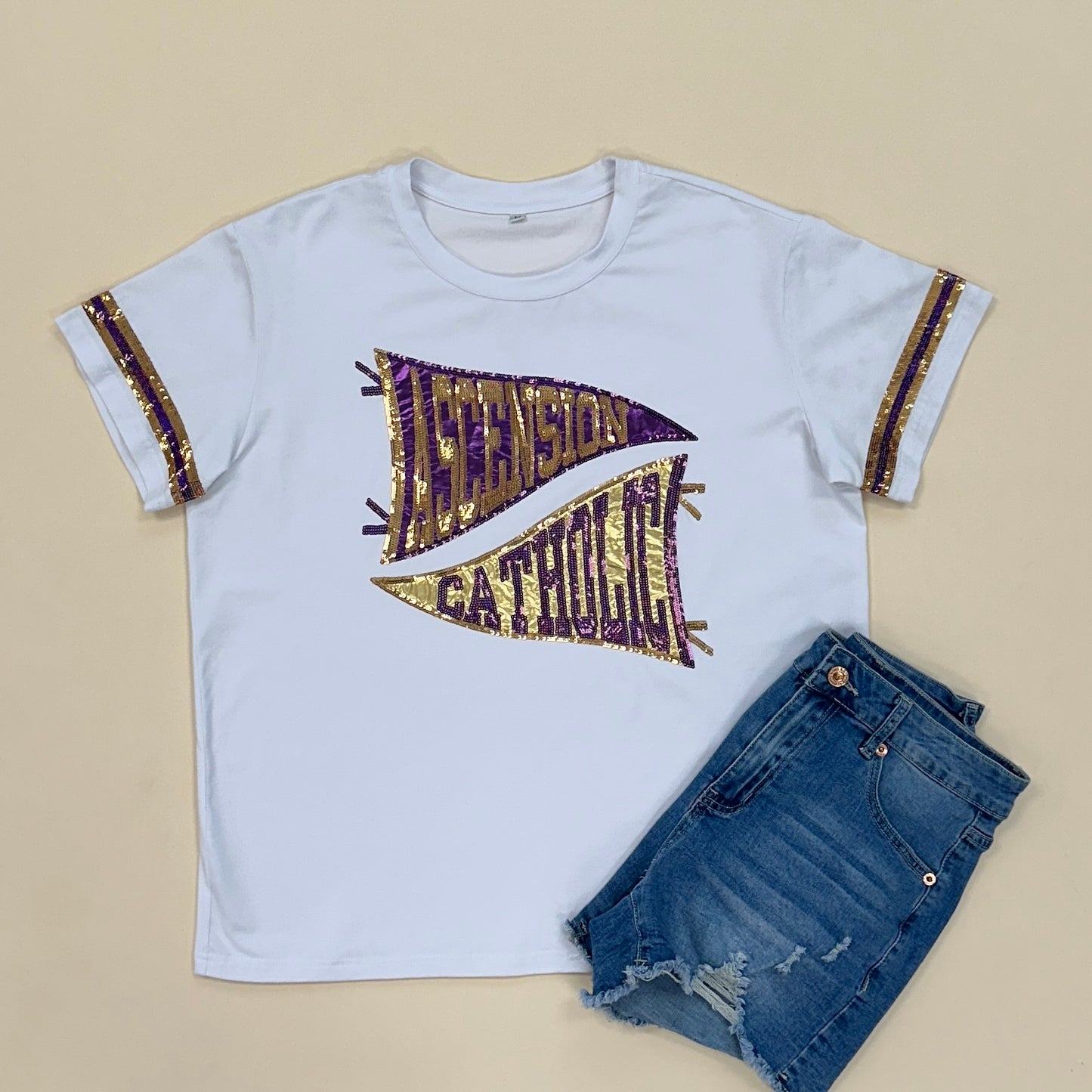 **PRE-ORDER ONLY** Ascension Catholic Pennant | Women's Sequin Design Tee (White)
