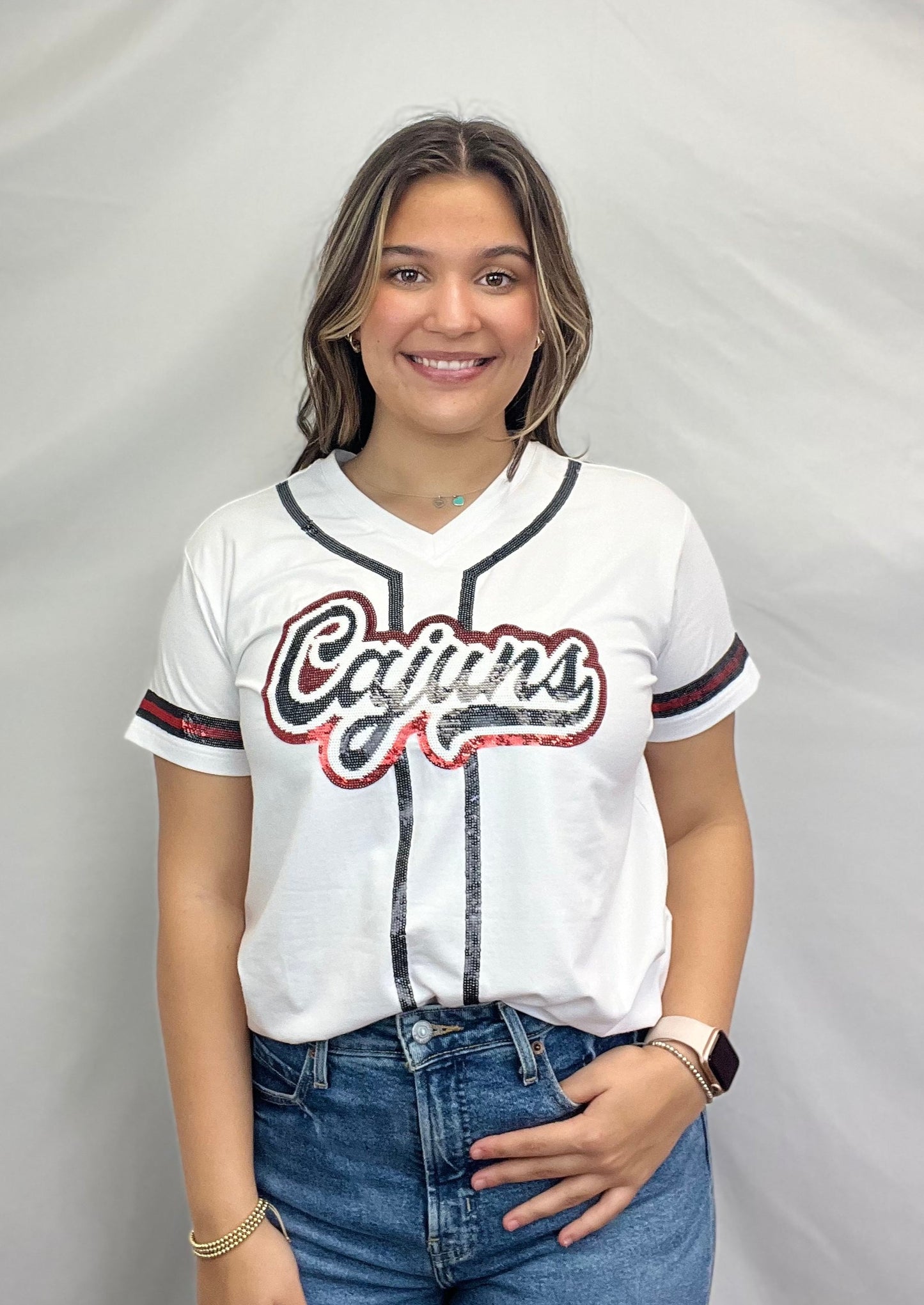 Cajuns | Women's Baseball Jersey V-Neck Tee (White)