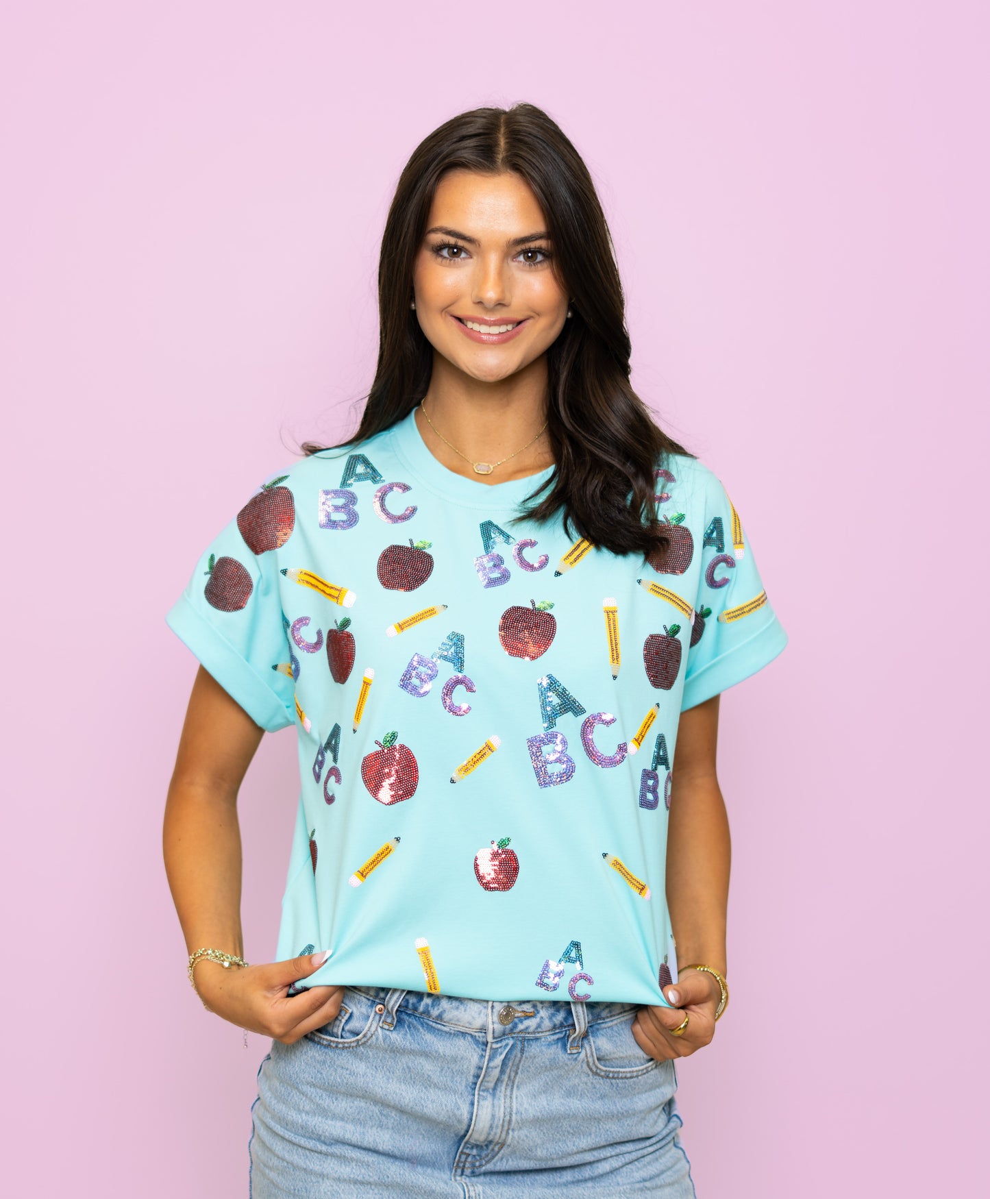 **PRE-ORDER ONLY** Wholesale | Scattered ABCS | Women's Sequin Design Cuff Sleeve Tee (Blue)