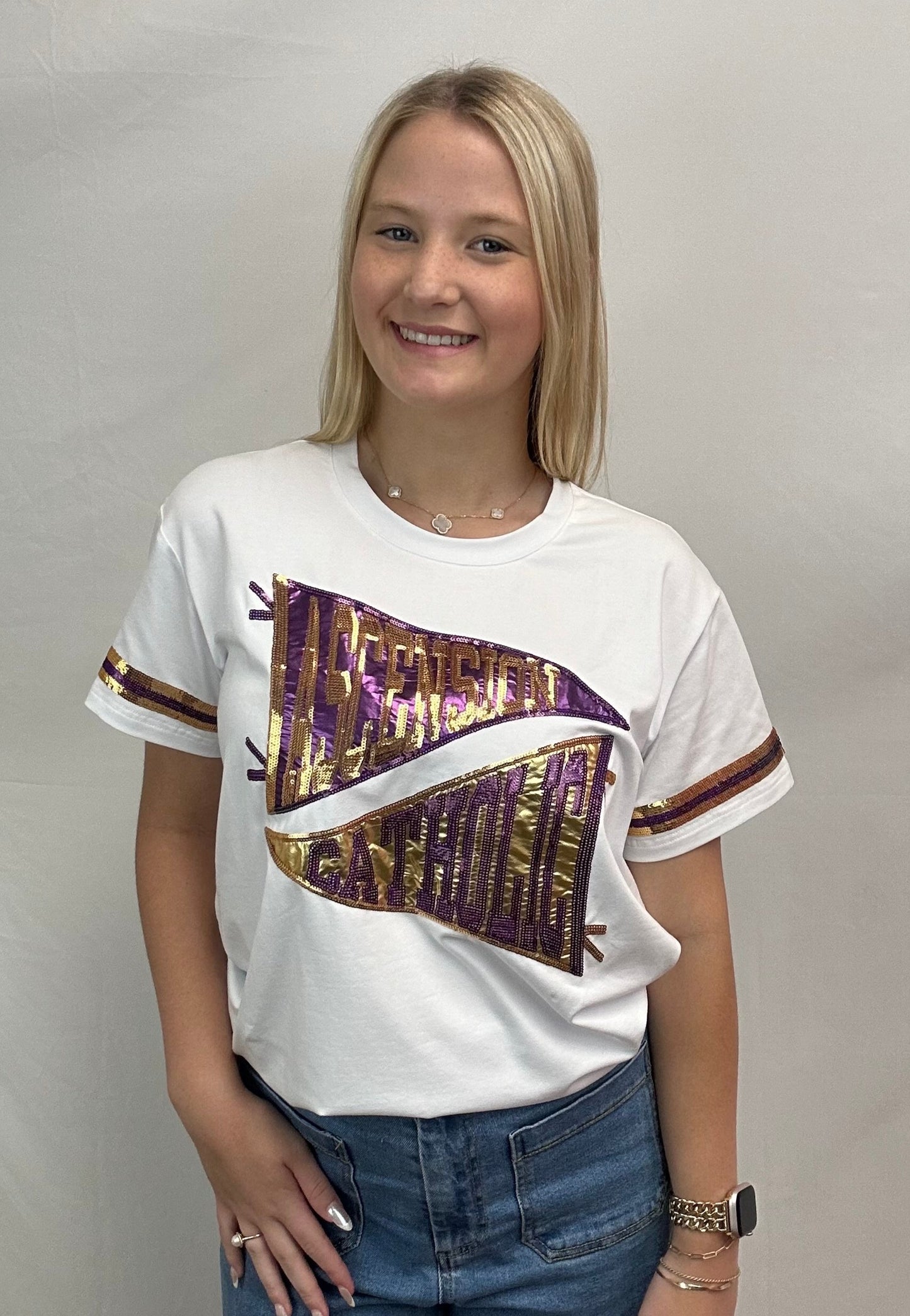 **PRE-ORDER ONLY** Ascension Catholic Pennant | Women's Sequin Design Tee (White)