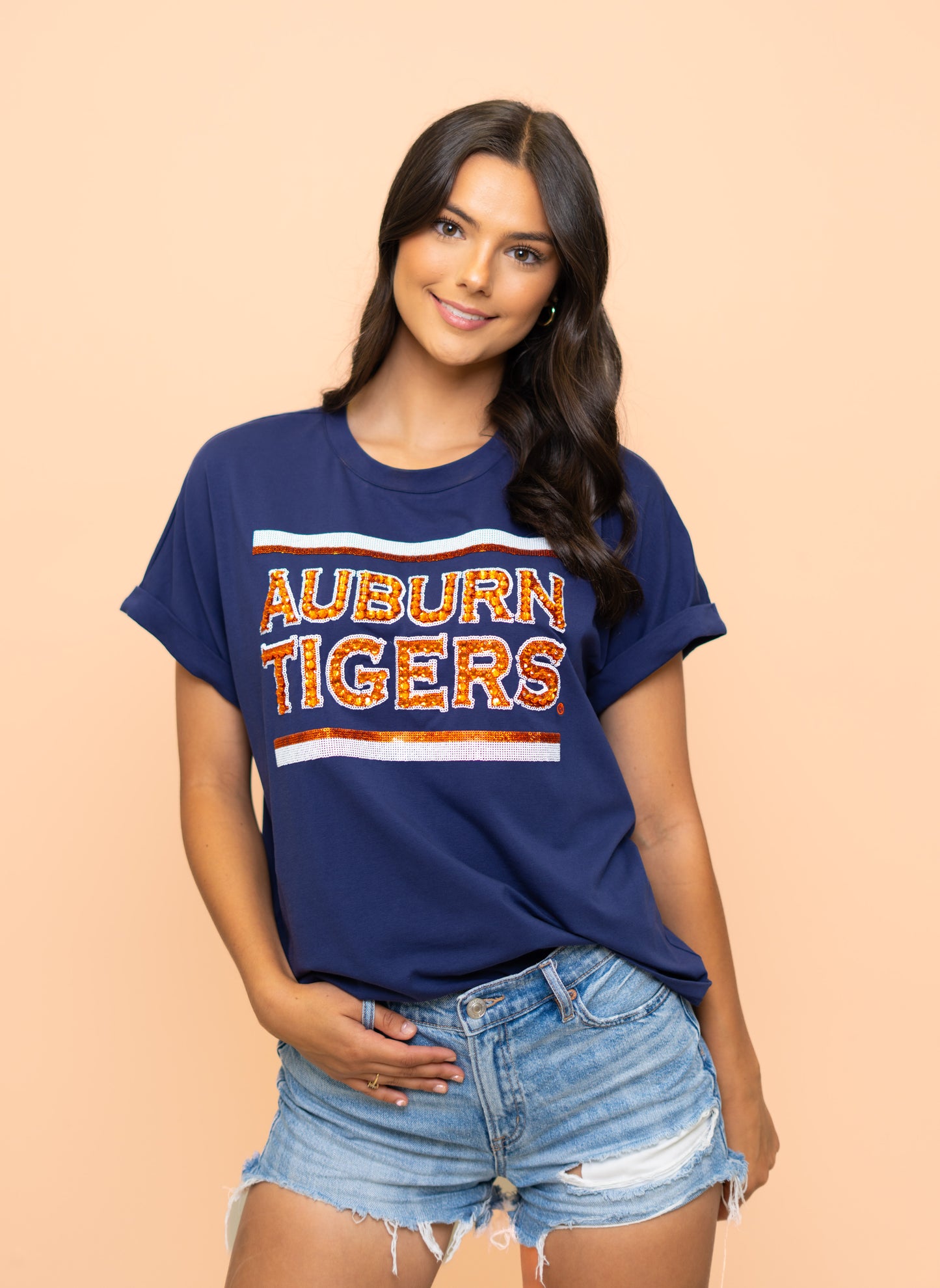 Wholesale | Auburn Tigers (Licensed) | Women's Sequin + Jewel Design Cuff Sleeve (Navy)