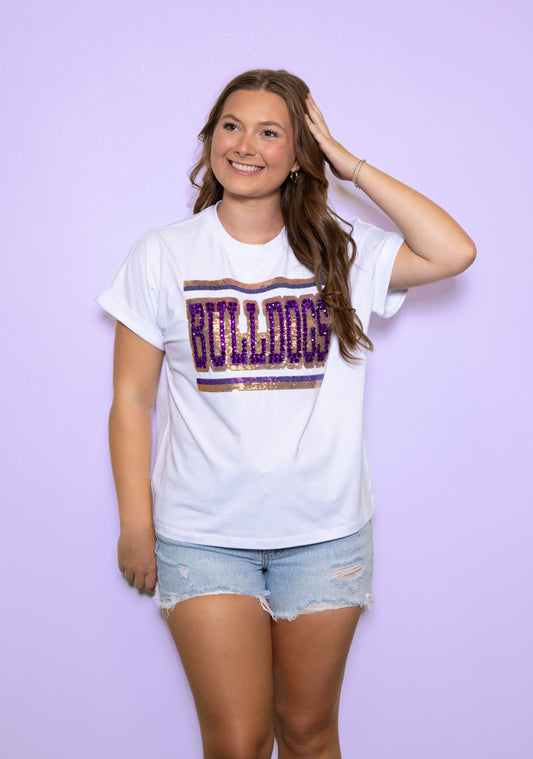 **PRE-ORDER ONLY** Jeweled Bulldogs | Women's Sequin + Jewel Design Cuff Sleeve Tee (White)