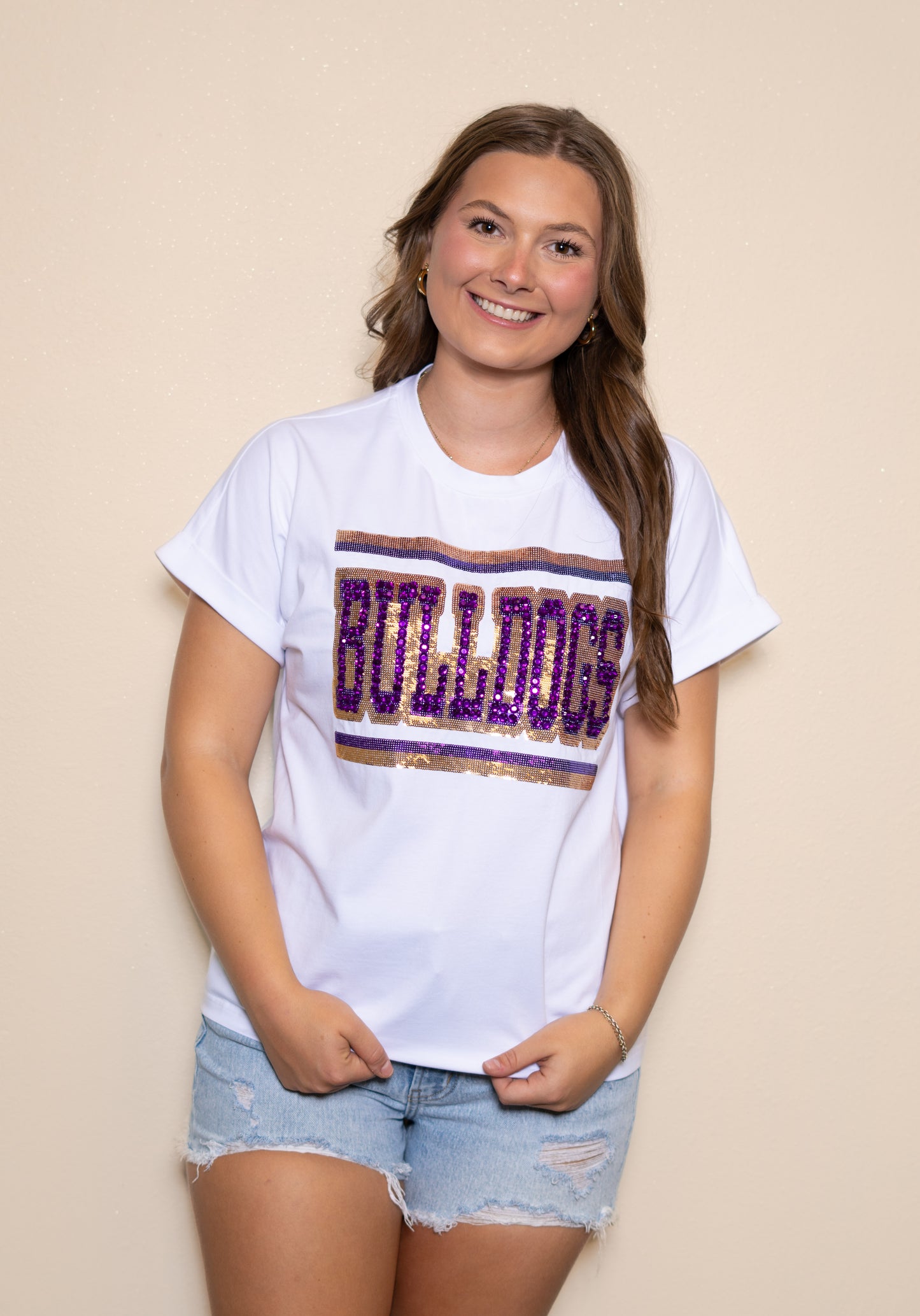 **PRE-ORDER ONLY** Jeweled Bulldogs | Women's Sequin + Jewel Design Cuff Sleeve Tee (White)
