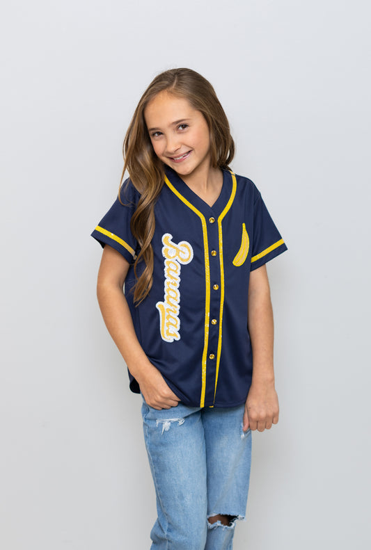 **PRE-ORDER ONLY** Bananas | Youth  Sequin Embroidery + Beaded Baseball Jersey (Navy)