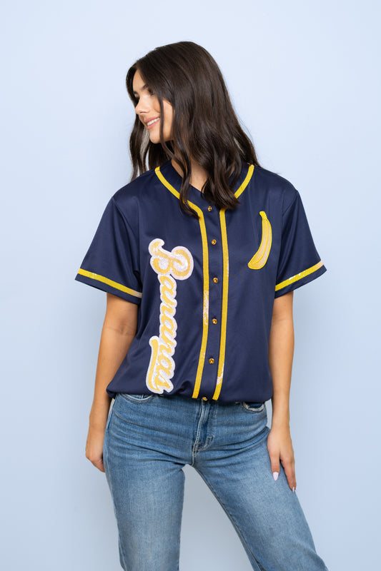 **PRE-ORDER ONLY** Bananas | Women's Sequin Embroidery Baseball Jersey (Navy)