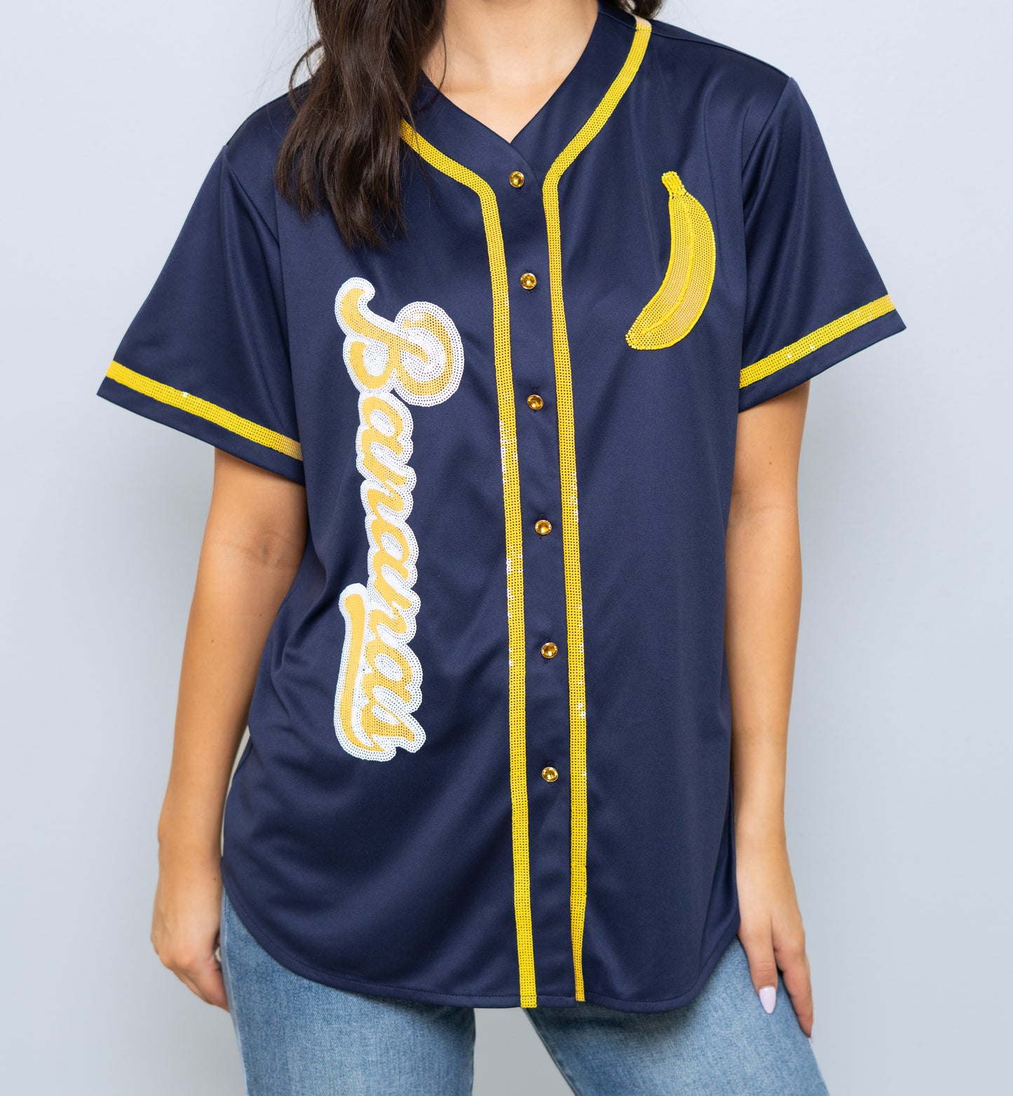 **PRE-ORDER ONLY** Bananas | Women's Sequin Embroidery Baseball Jersey (Navy)