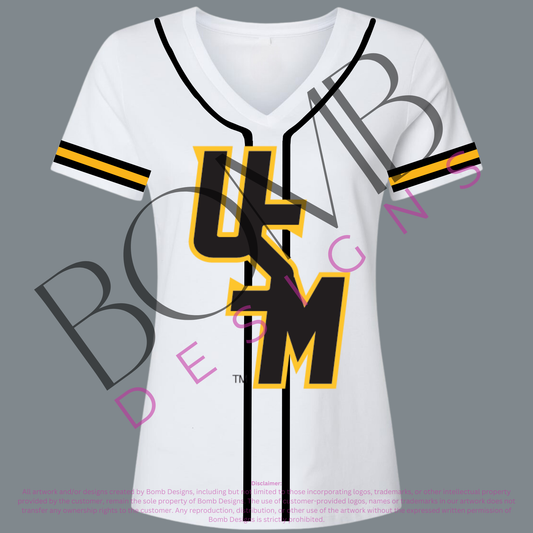 **PRE-ORDER ONLY**  Southern Miss (Licensed) | Women's Sequin Embroidery Baseball Jersey Tee (White)