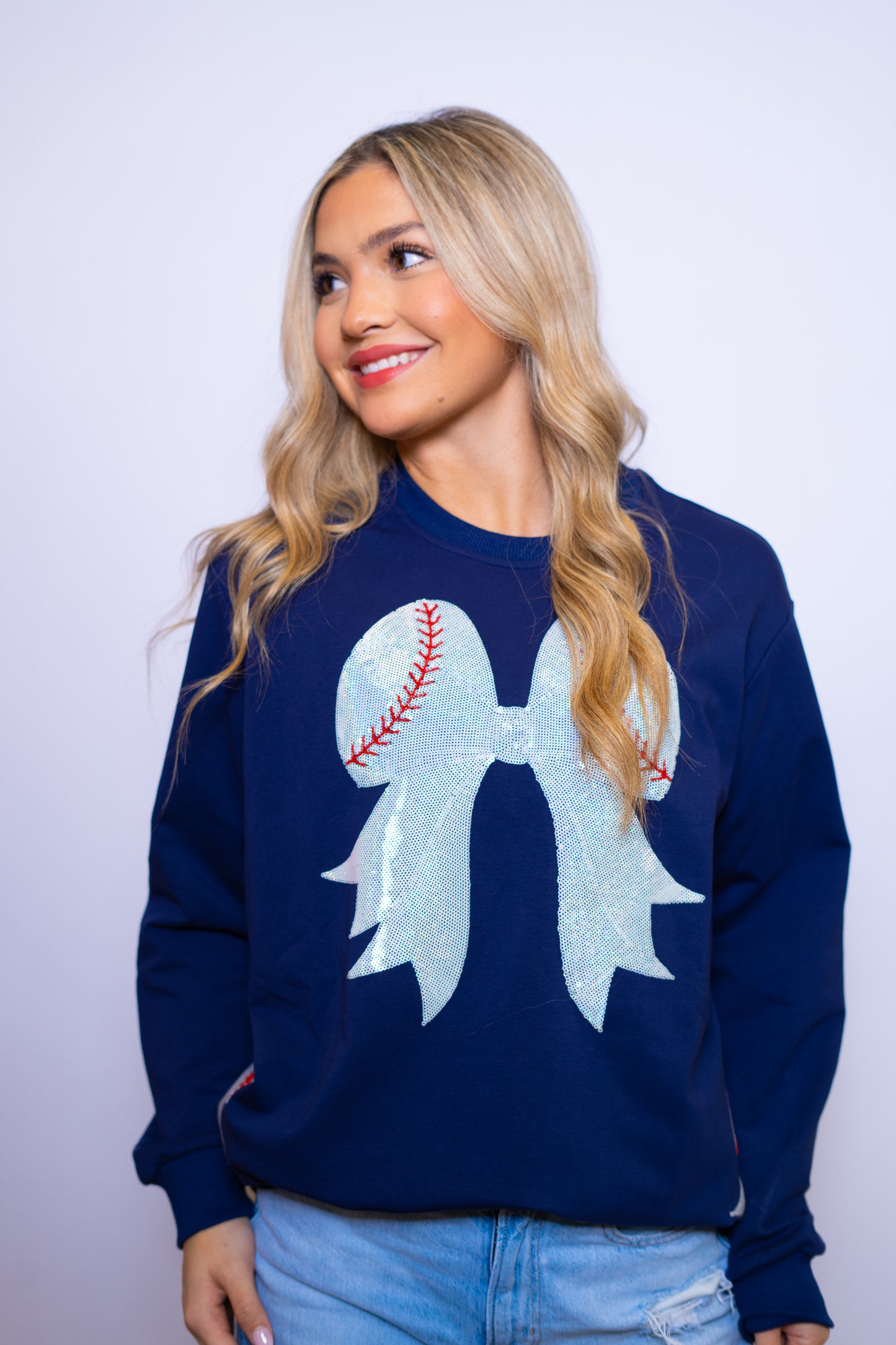 **PRE-ORDER ONLY** Baseball Bow | Women's Sequin Design Sweatshirt (Navy)