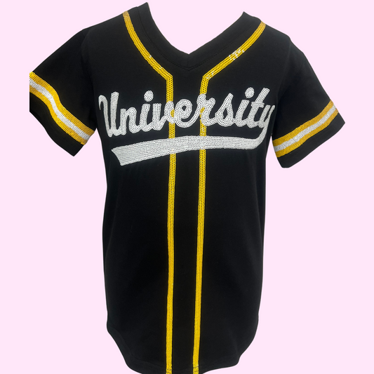 **PRE-ORDER ONLY** University Lab School | Youth Sequin Design Baseball Jersey Tee (Black)
