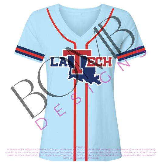 **PRE-ORDER ONLY** LA Tech (Licensed) | Women's Sequin Embroidery Baseball Jersey Tee (Blue)