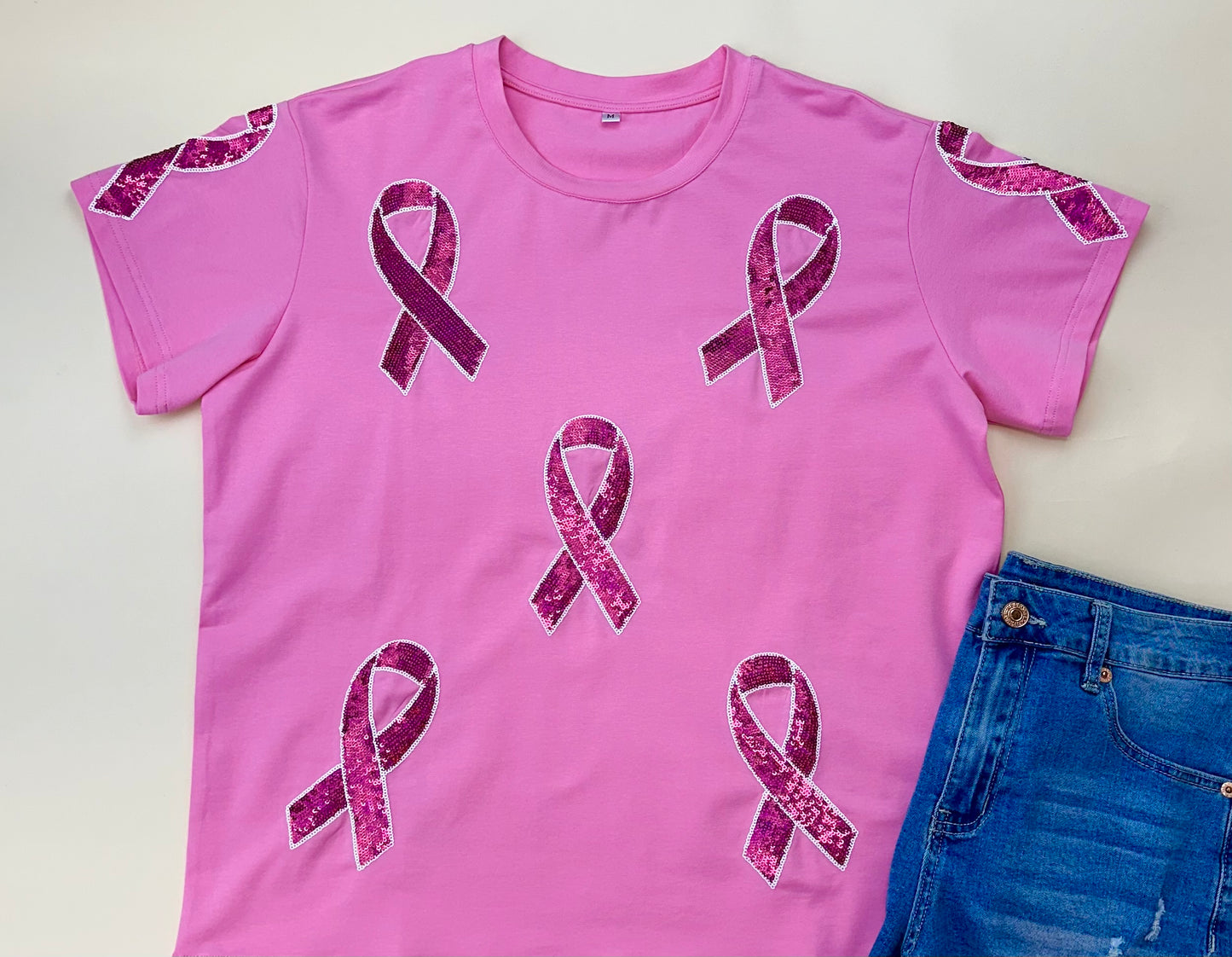 Breast Cancer Awareness Tee | Women's Sequin Design Tee (Pink)