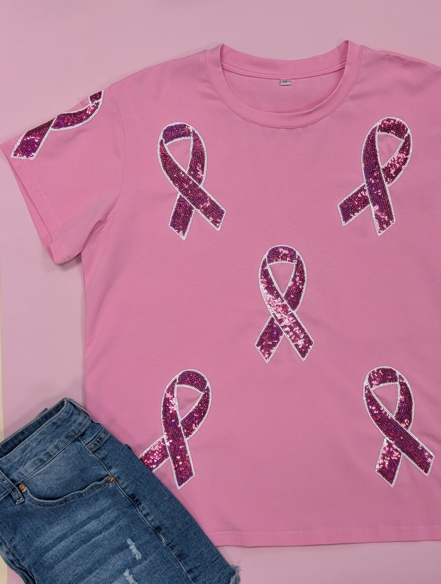 Breast Cancer Awareness Tee | Women's Sequin Design Tee (Pink)