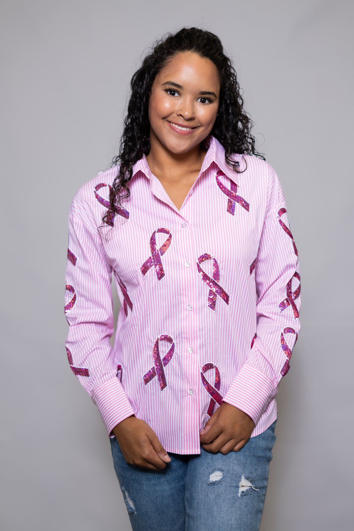 Bca Ribbon Breast Cancer Ribbons | Women's Pink Striped Button Down Sequin Design ...