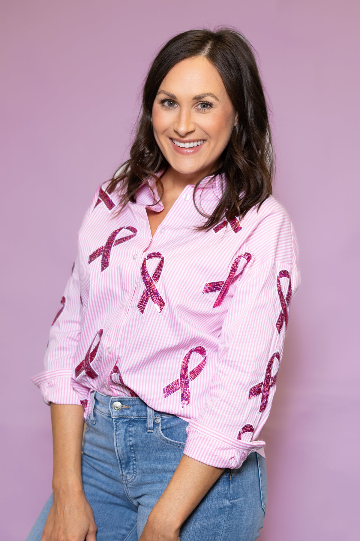 Breast Cancer Ribbons | Women's Pink Striped Button Down Sequin Design Shirt