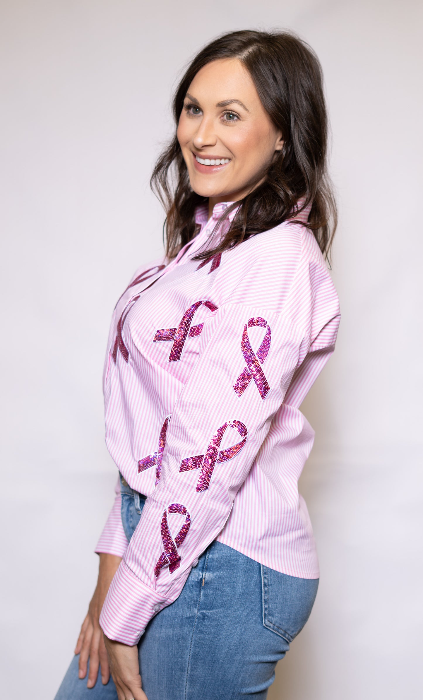 Wholesale | Breast Cancer Ribbons | Women's Pink Striped Button Down Sequin Design