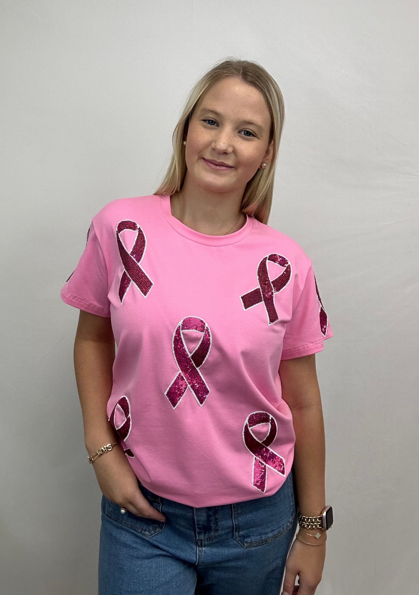 Breast Cancer Awareness Tee | Women's Sequin Design Tee (Pink)