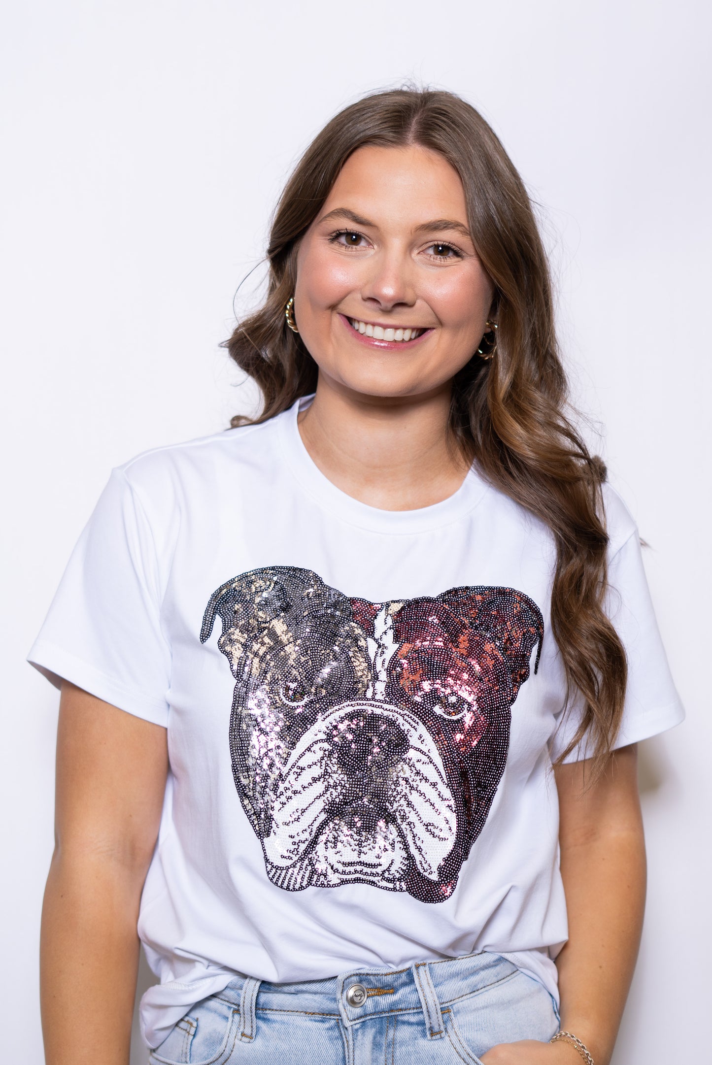 **PRE-ORDER ONLY** Bulldog Maroon | Women's Sequin Design Tee (White)